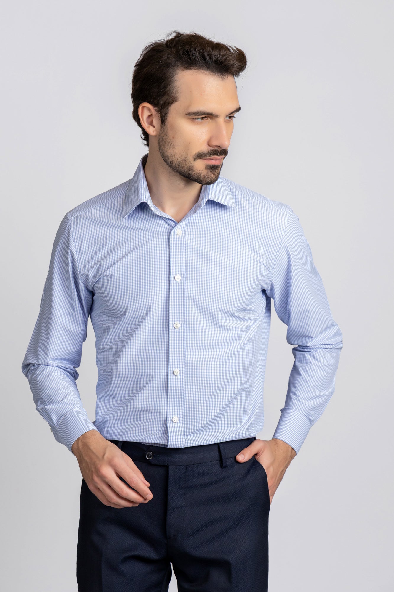 Sky Blue Checkered Poplin Shirt - Regular Fit