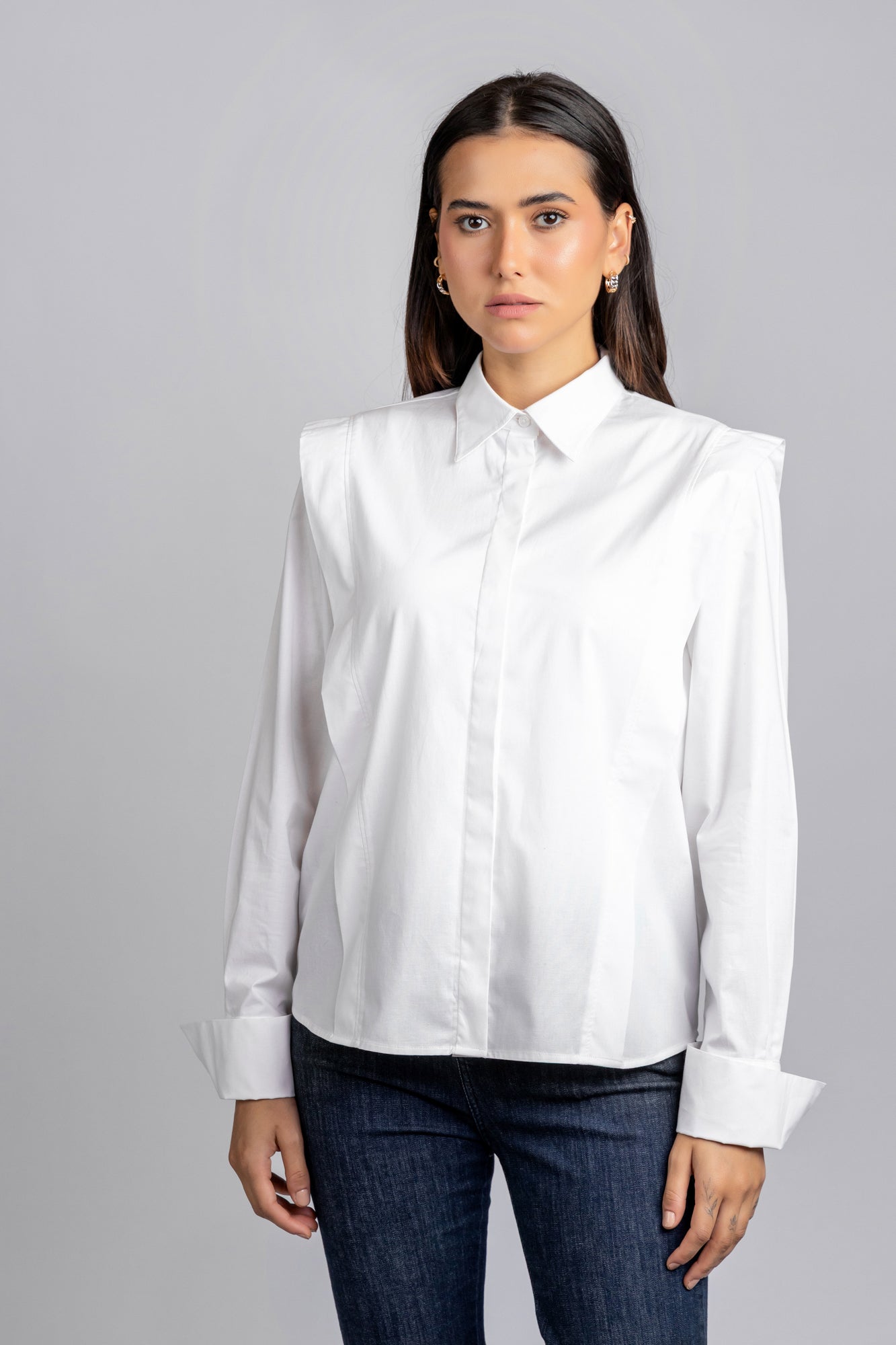 Poplin Shoulder Detail Stretch Shirt White