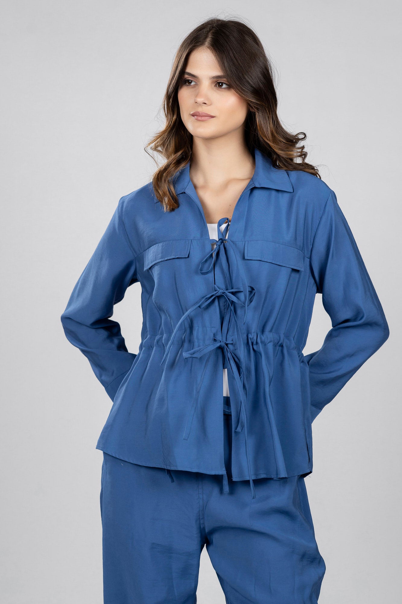 Blue Modal Front Tie Shirt