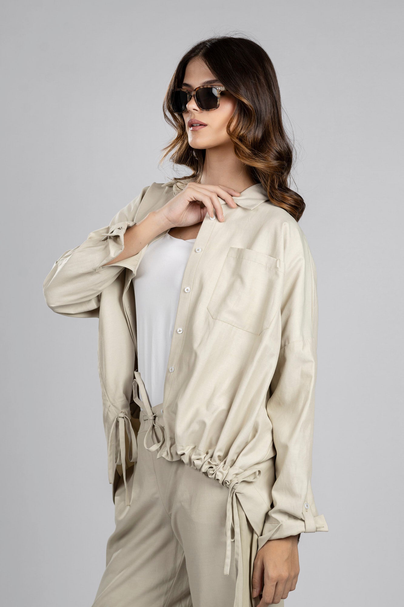 Taupe Relaxed Hem Tie Shirt