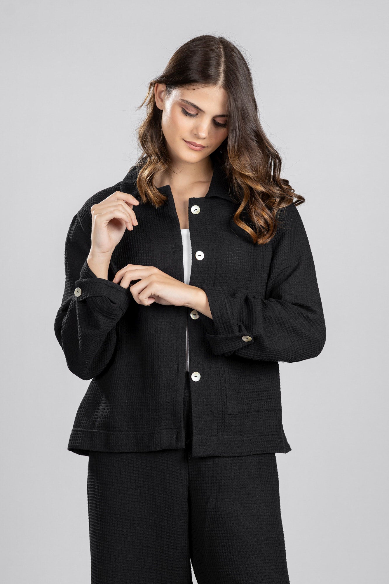 Black Waffle Cropped Shirt