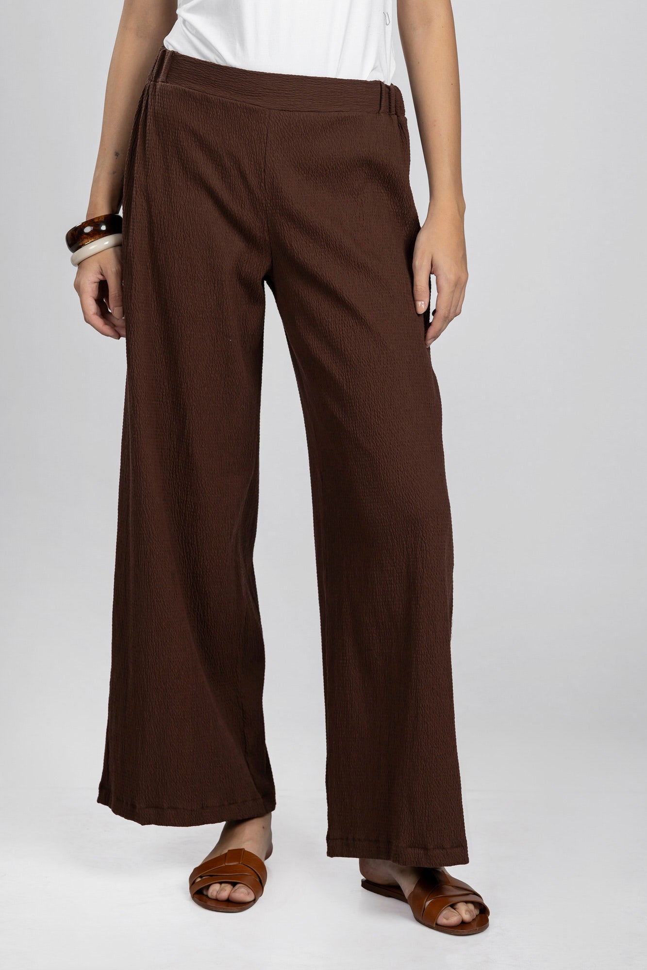 Brown Seersucker Relaxed Pants