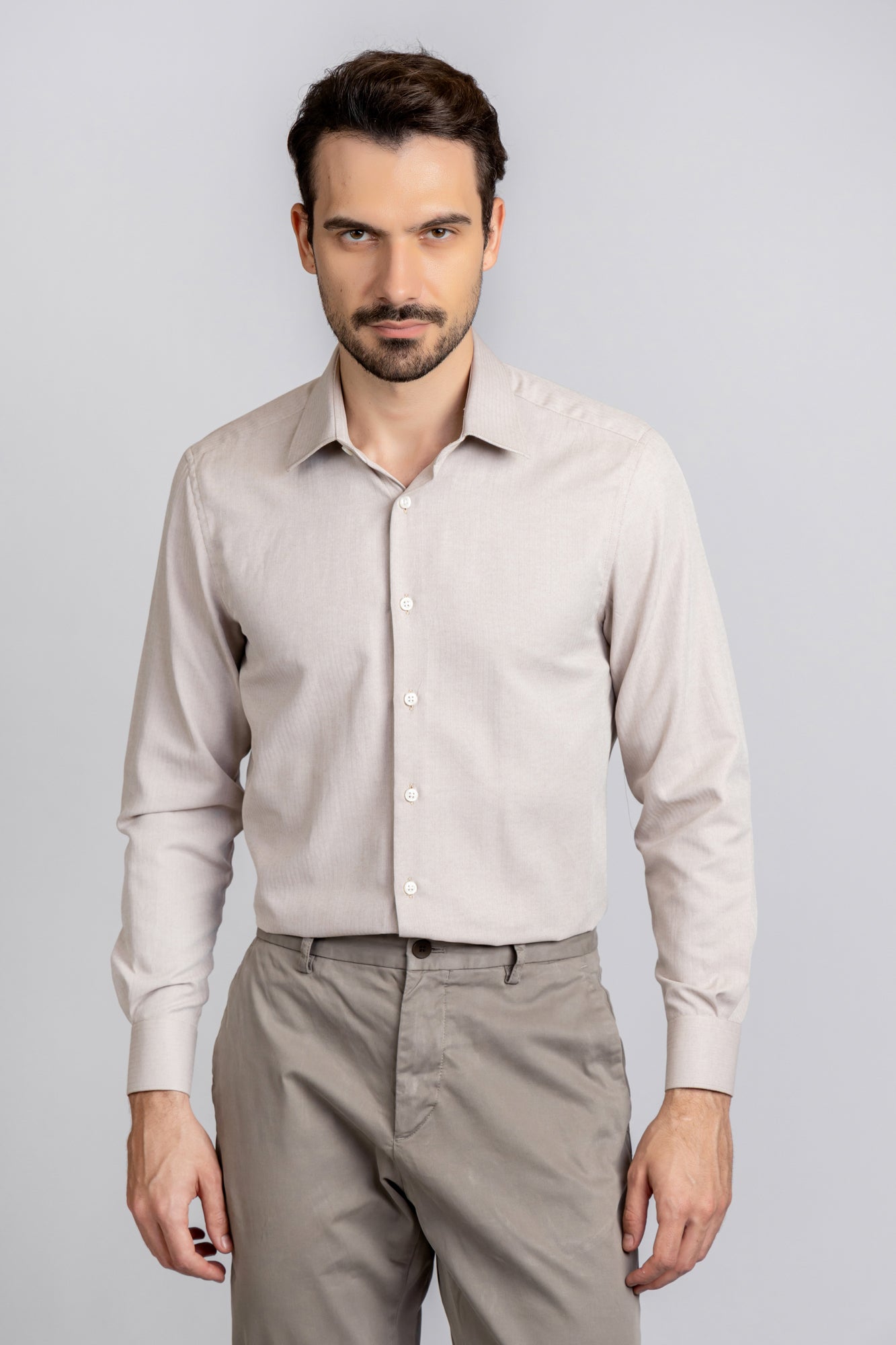 Beige Herringbone Shirt - Slim Fit