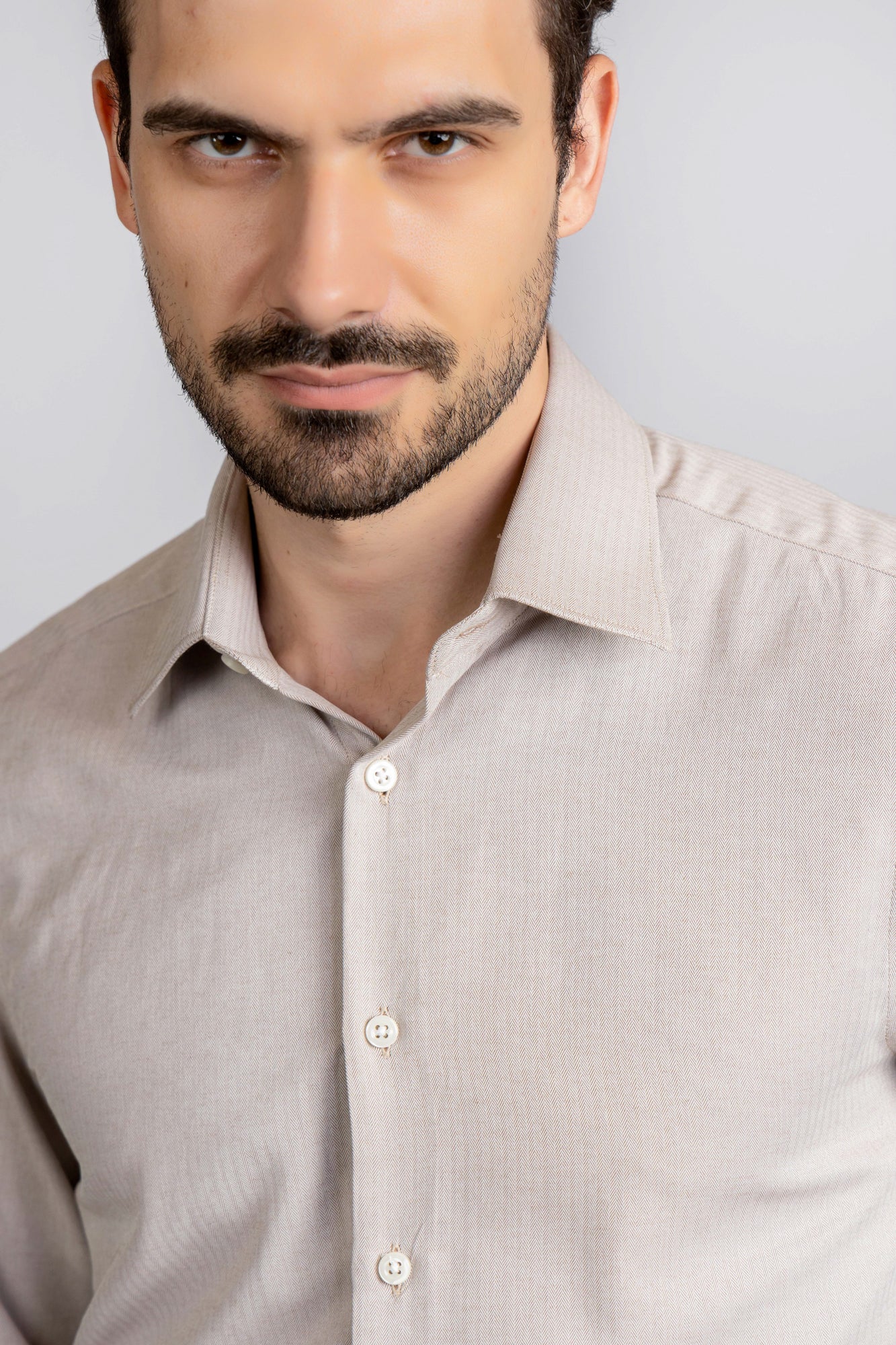 Beige Herringbone Shirt - Slim Fit