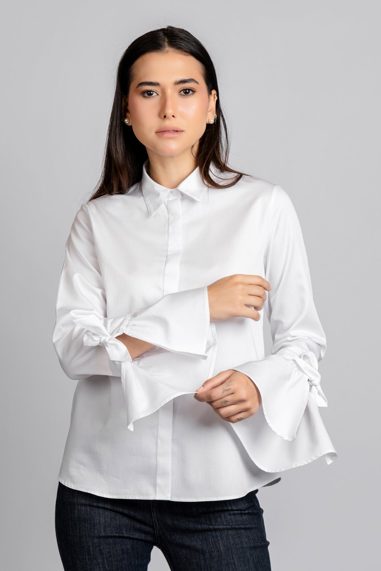 White Tie Cuff Detail Shirt