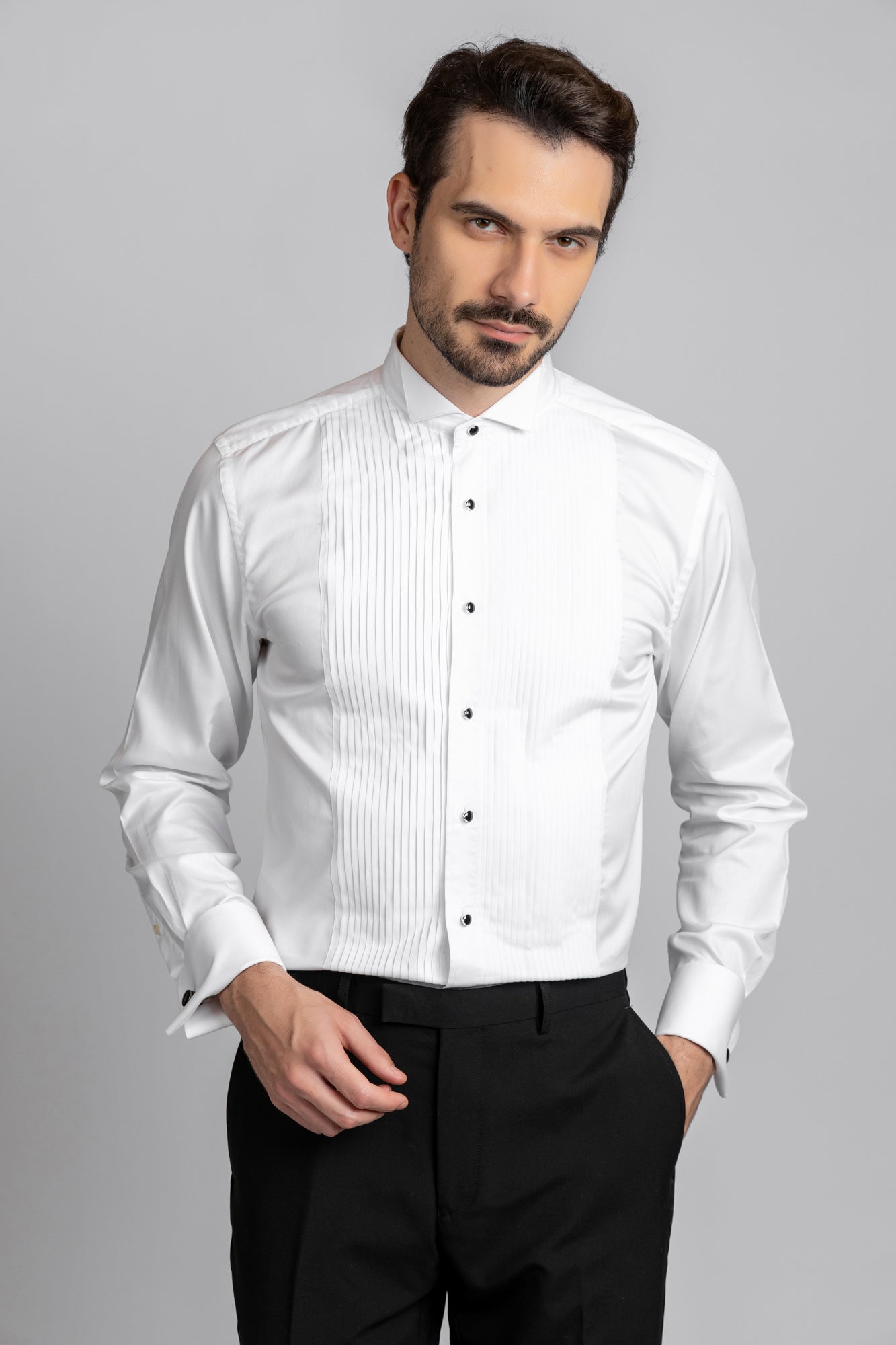 White Pleated Tuxedo Shirt - Slim Fit