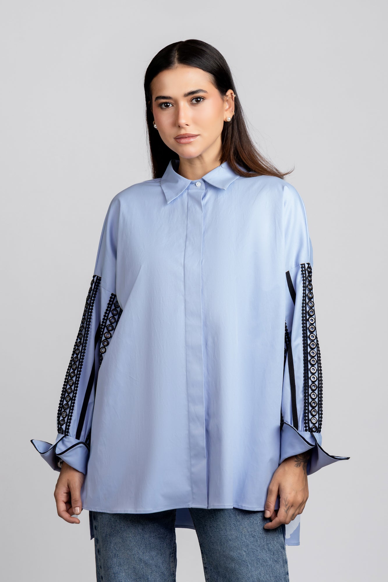 Light Blue Sleeve Detail Stretch Shirt