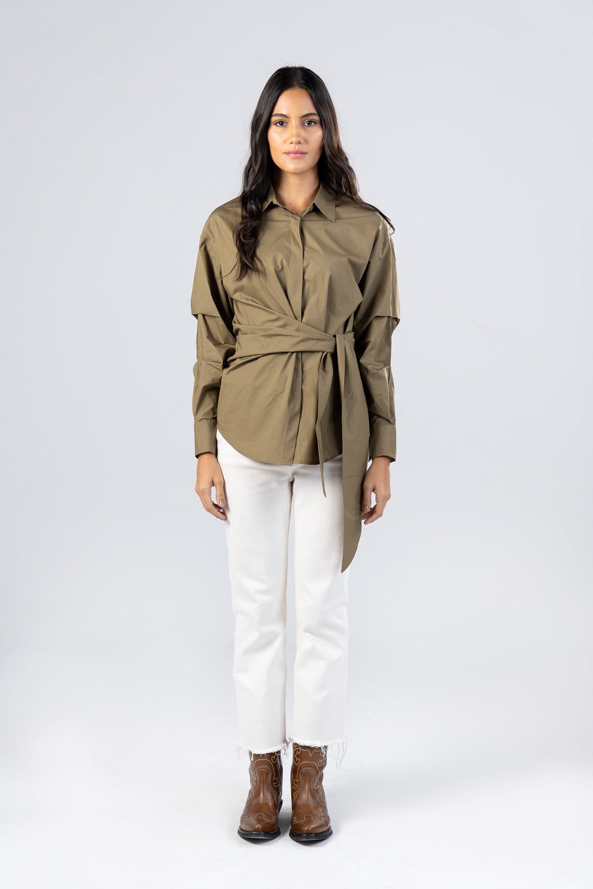 Poplin Shirt with Waist Tie Belt