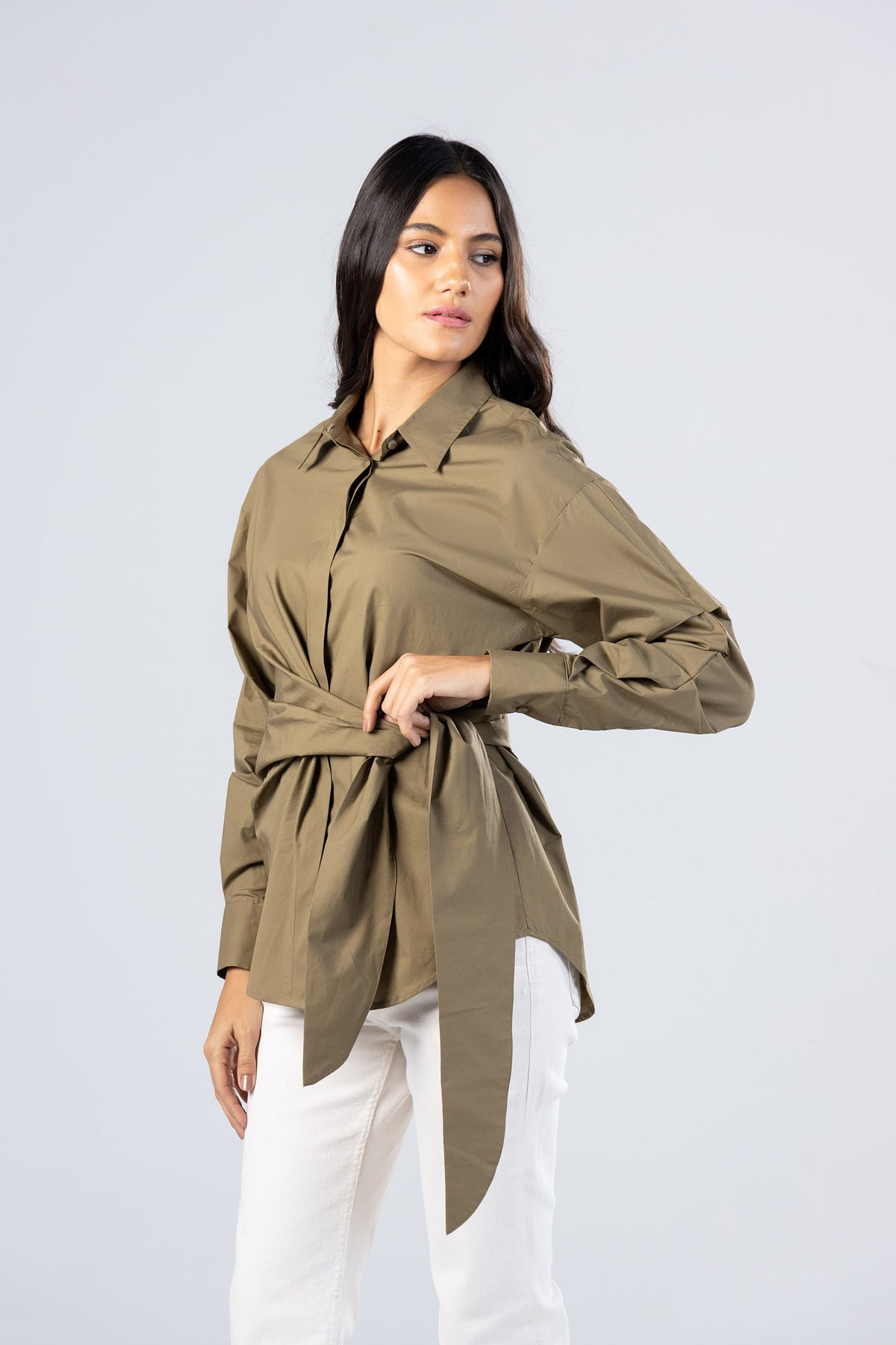Poplin Shirt with Waist Tie Belt