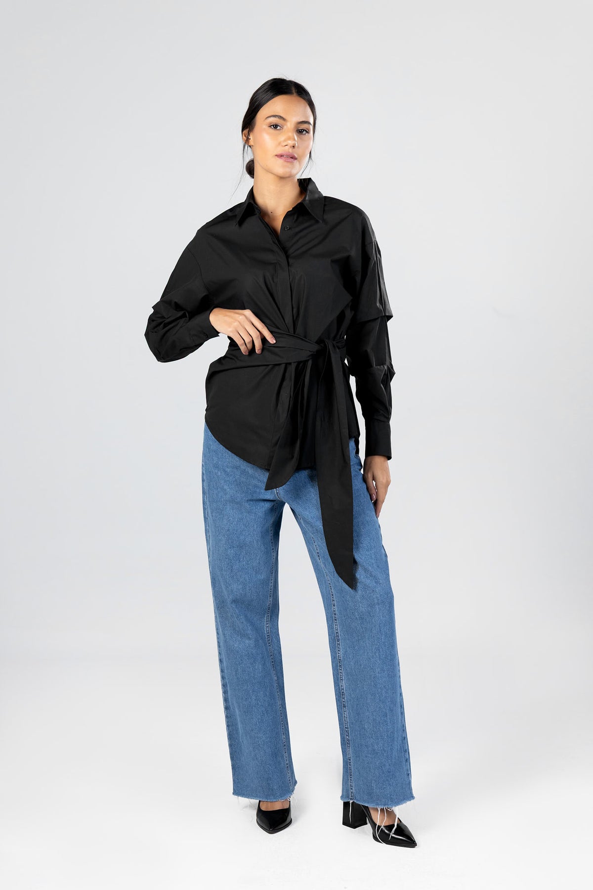 Poplin Shirt with Waist Tie Belt