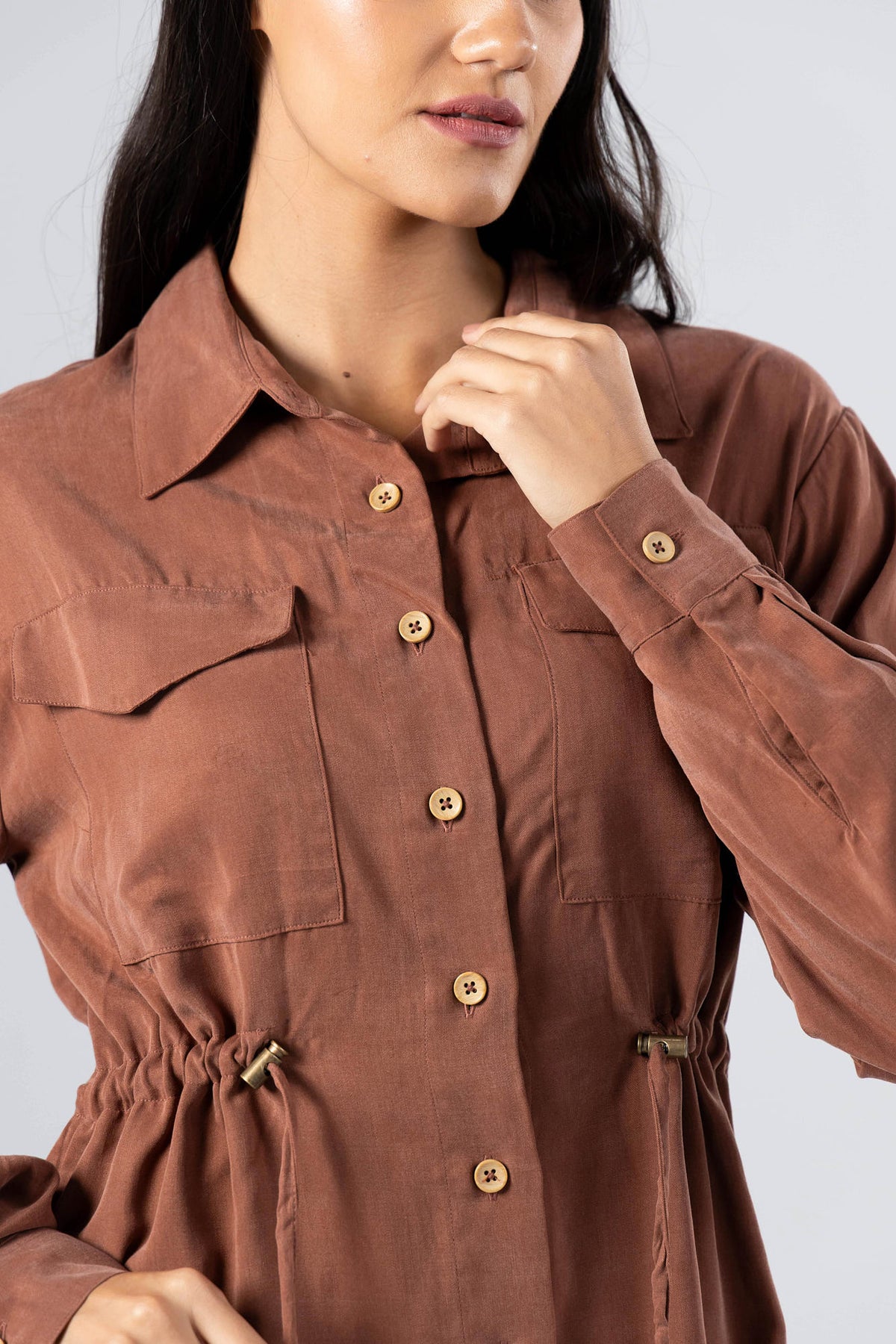 Wood Tencel Waist Tie Overshirt with Flap Pockets