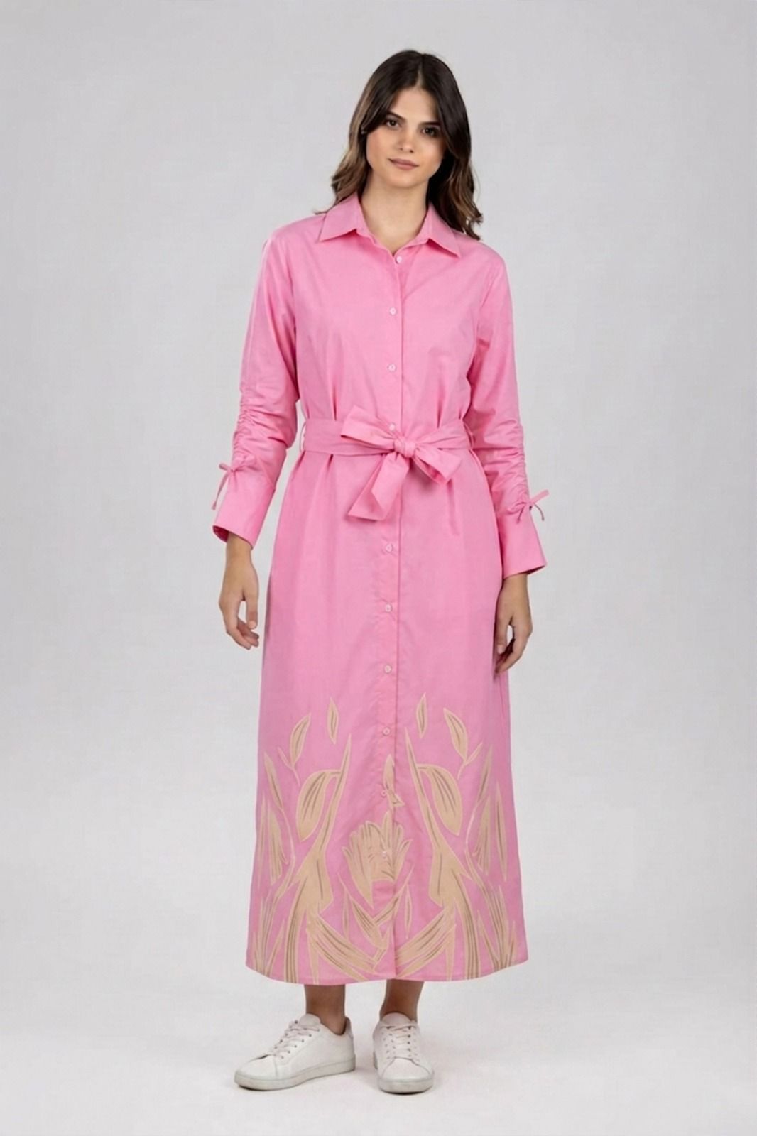 Pink Printed Poplin Long Shirt Dress