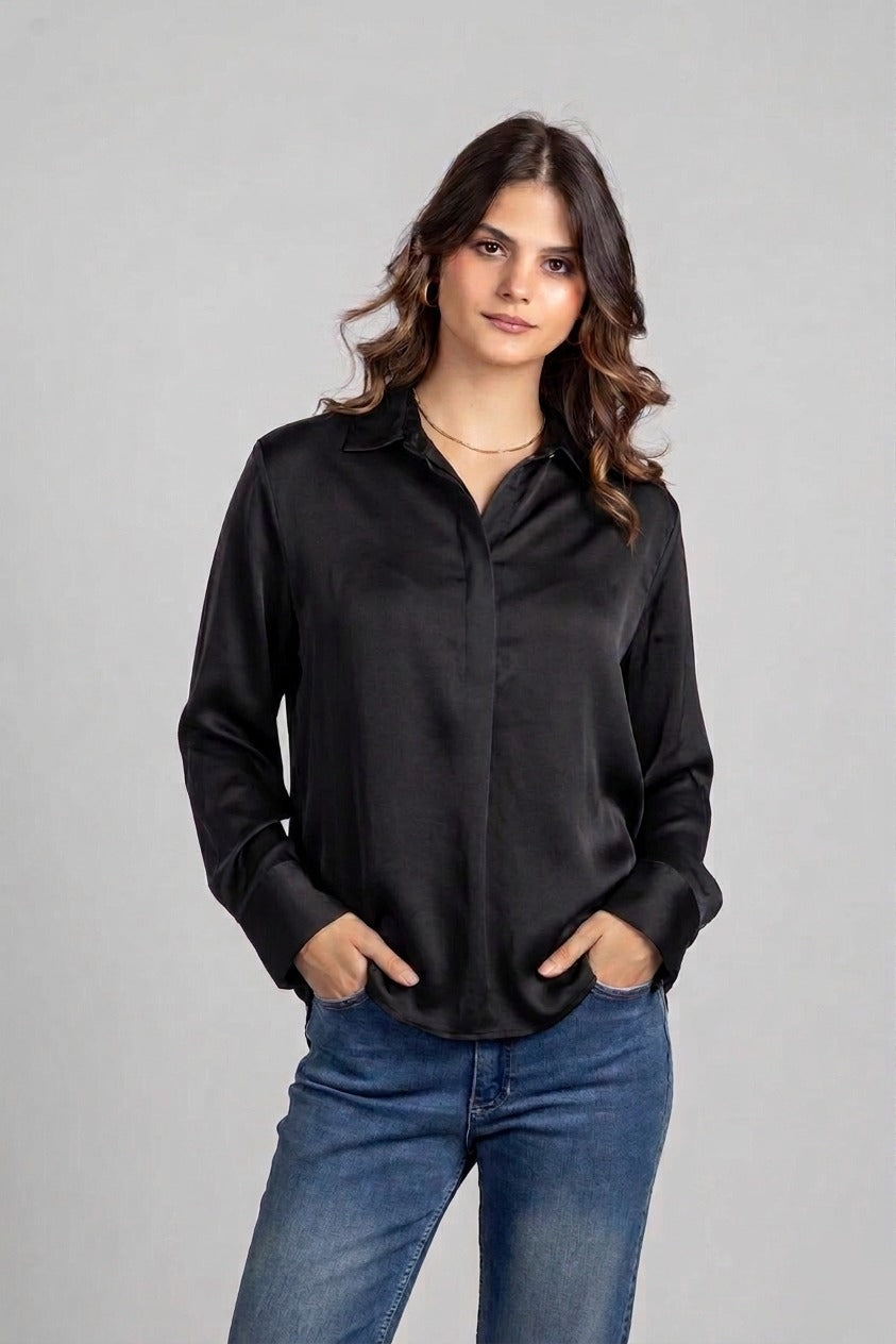 Black Satin Half Placket Shirt