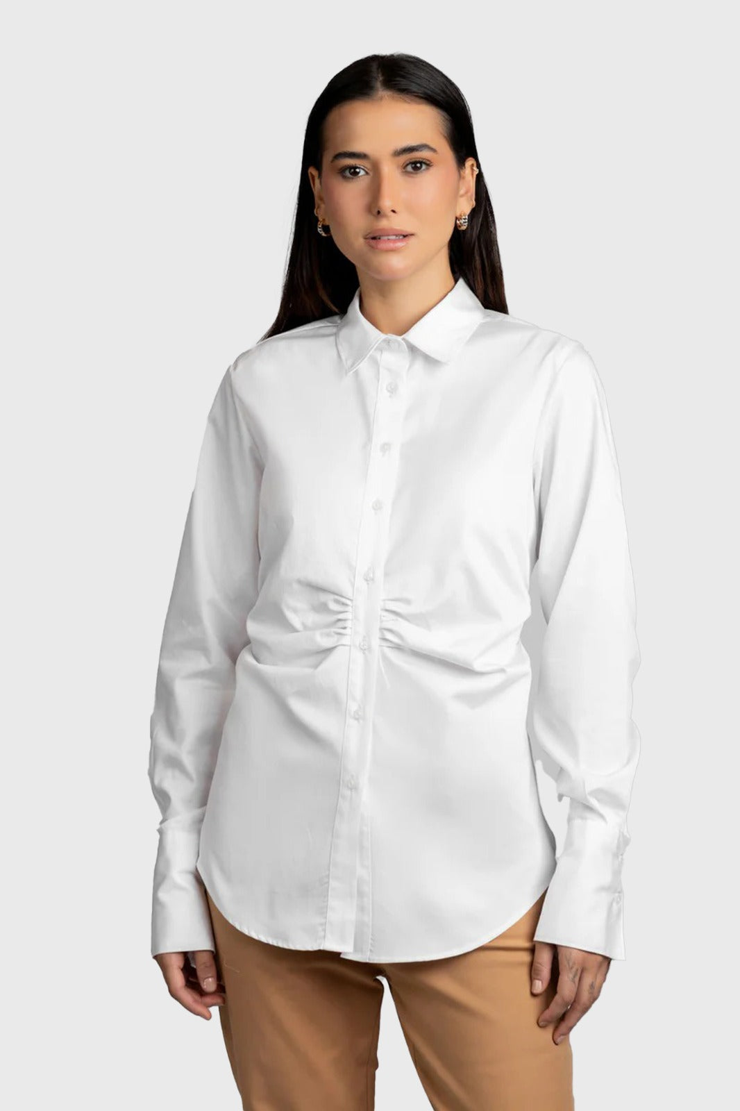 White Poplin Gathered Placket Stretch Shirt