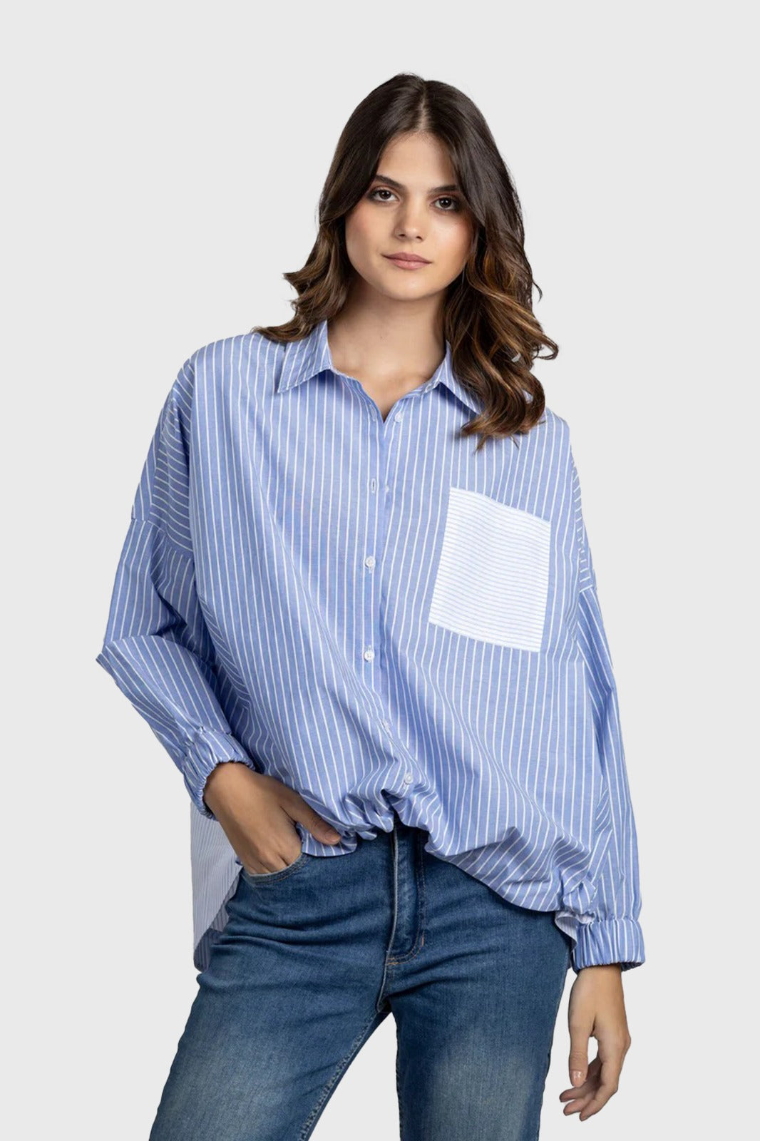 Light Blue Striped Patchwork Hem Tie Shirt
