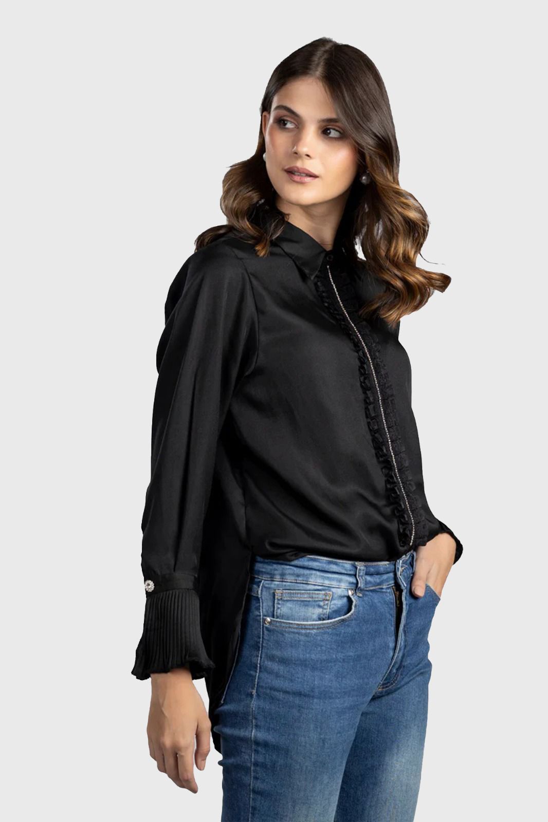 Black Satin Ruffle Shirt