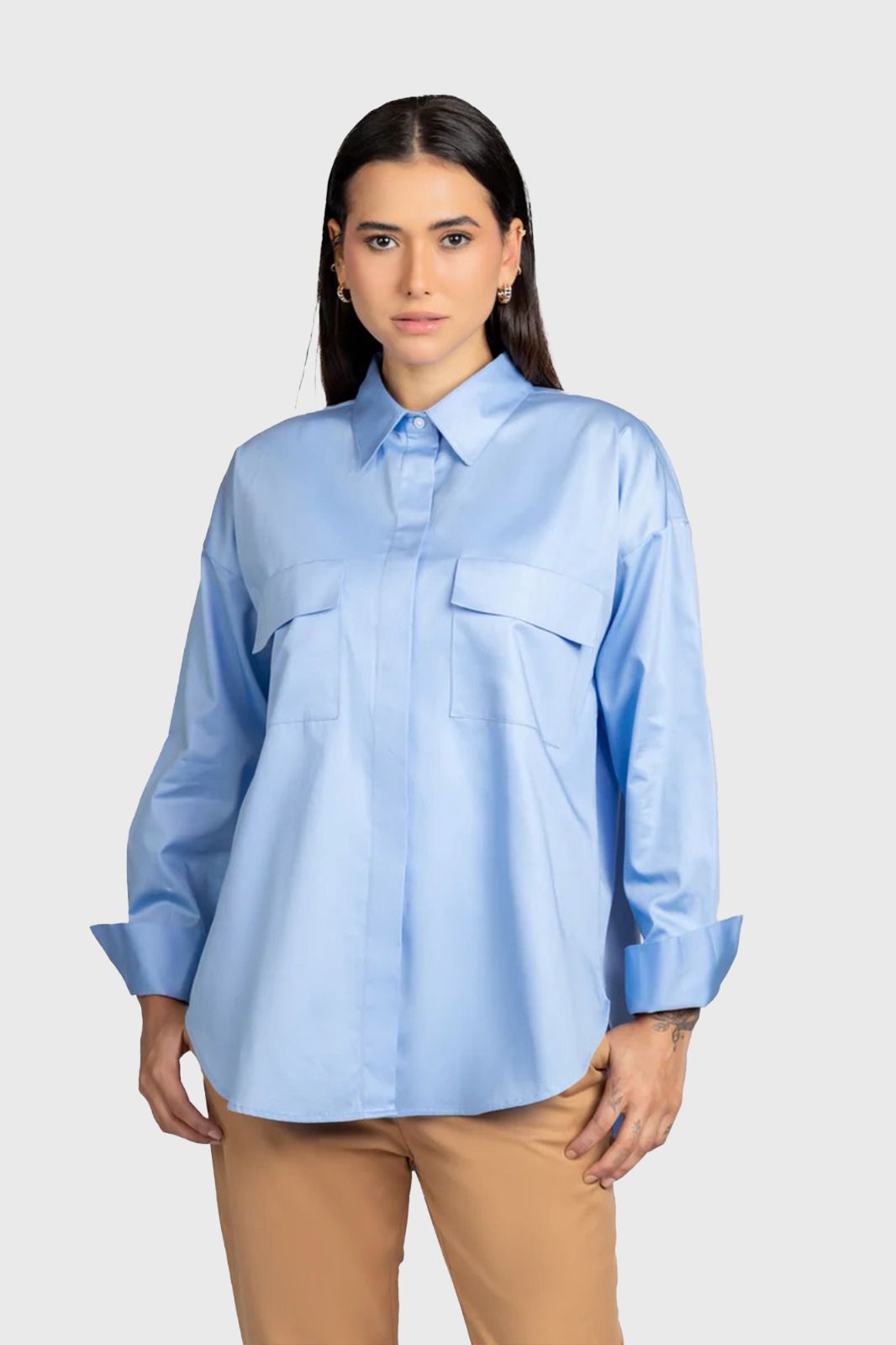 Light Blue Twill Shirt with Flap Pockets