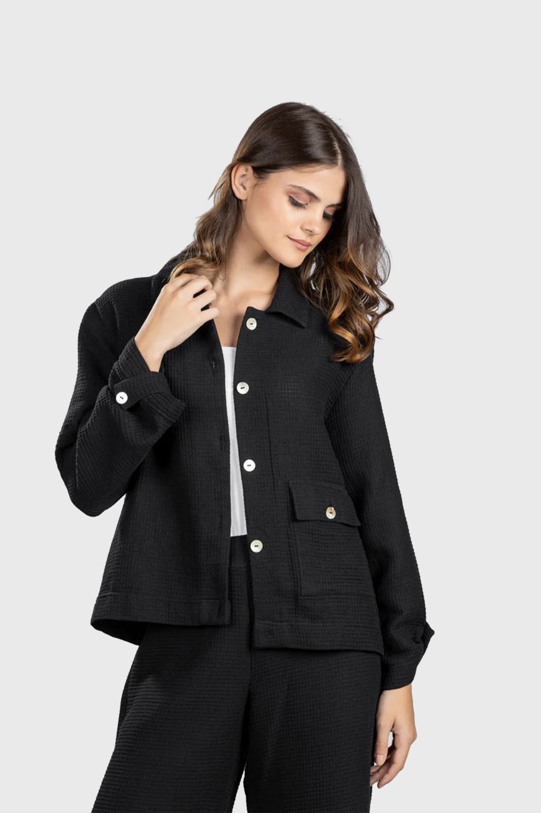 Black Waffle Cropped Shirt