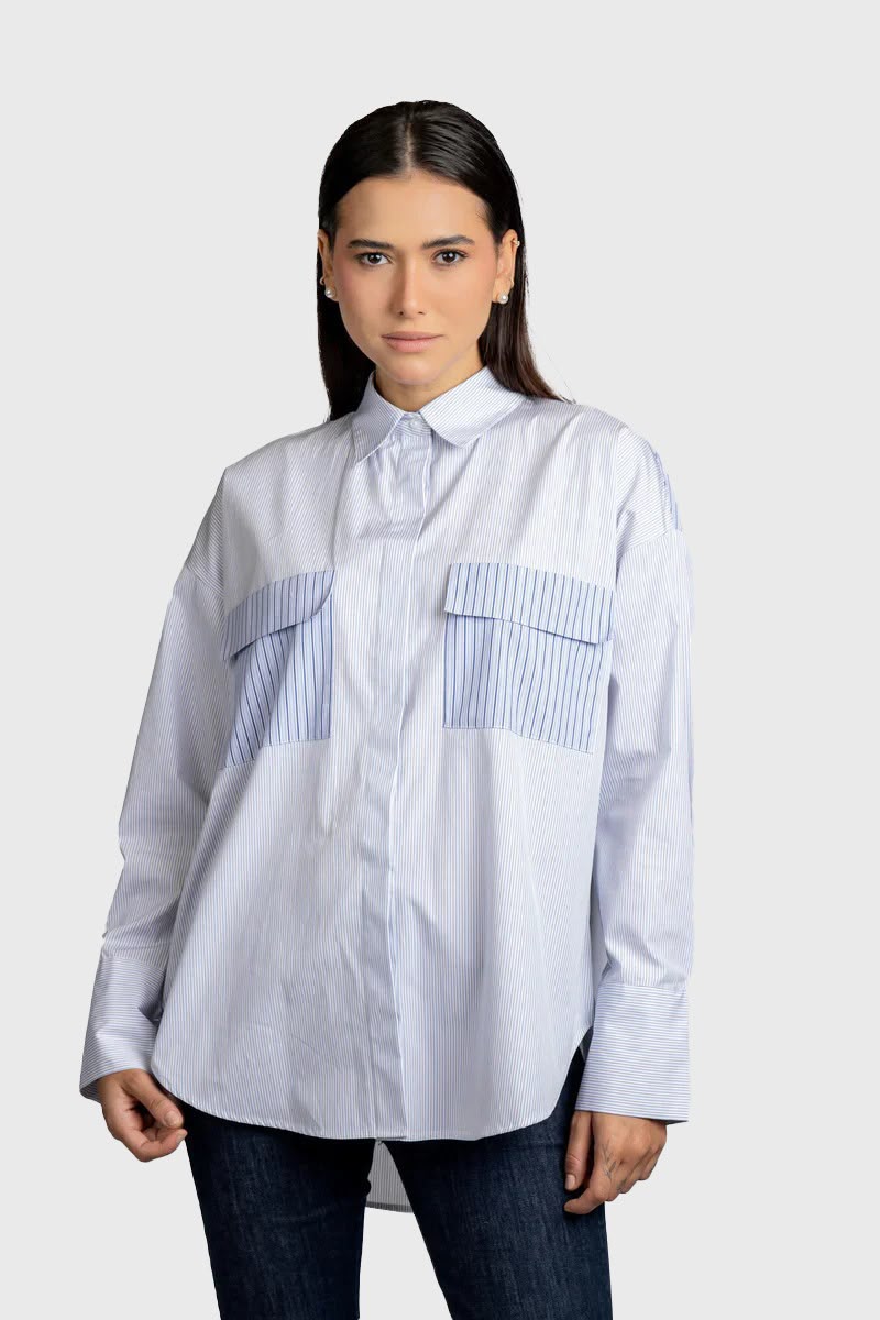 Striped Patch-Work Shirt with Flap Pockets