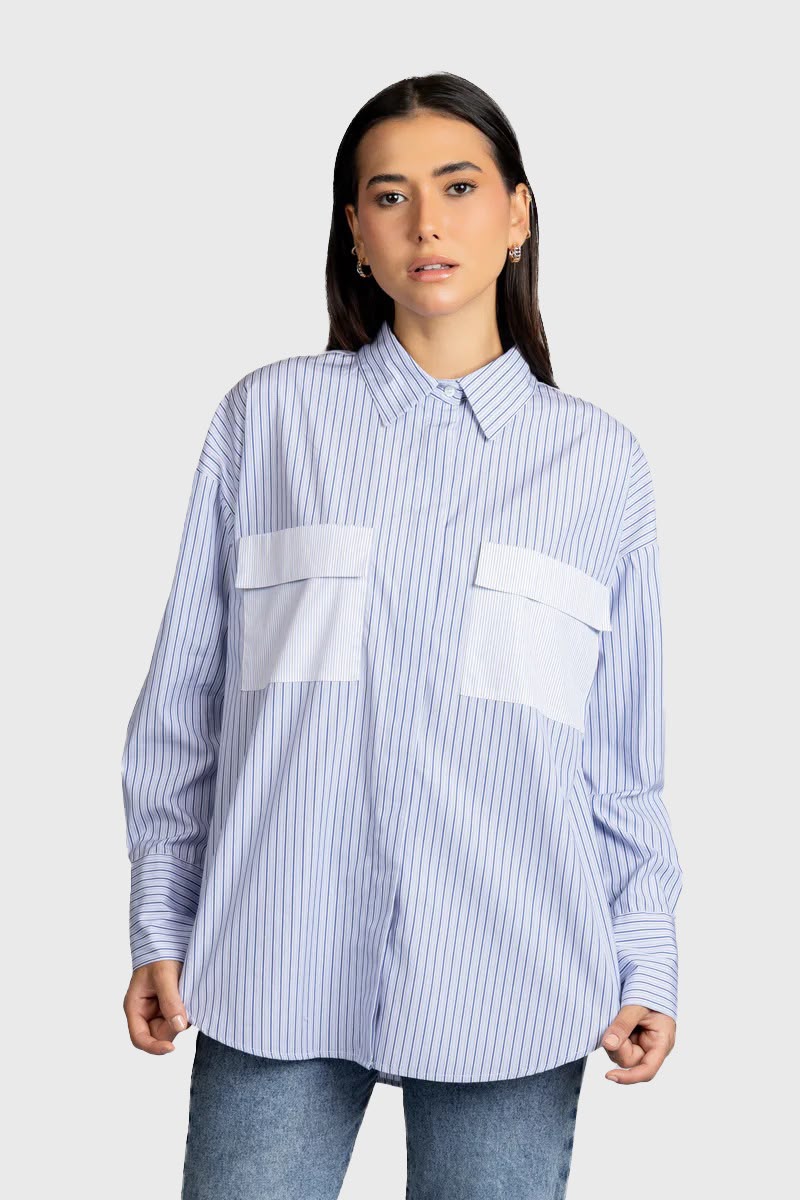 Striped Patch-Work Shirt with Flap Pockets