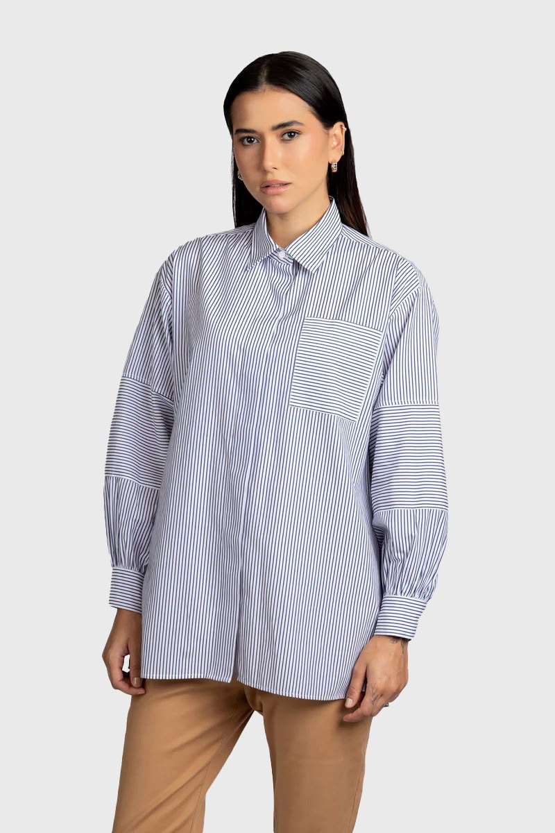 Blue Striped Sleeve Patch Shirt