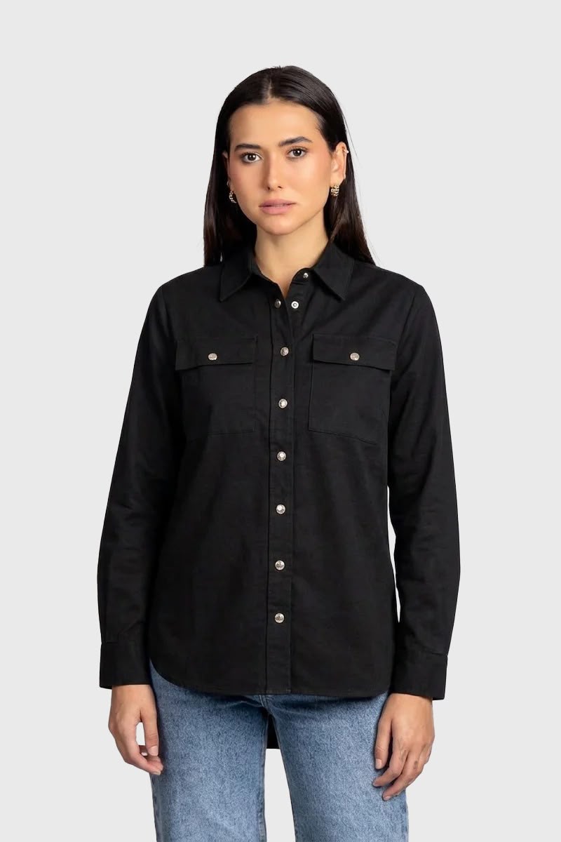 Black Viscose Shirt with Flap Pockets