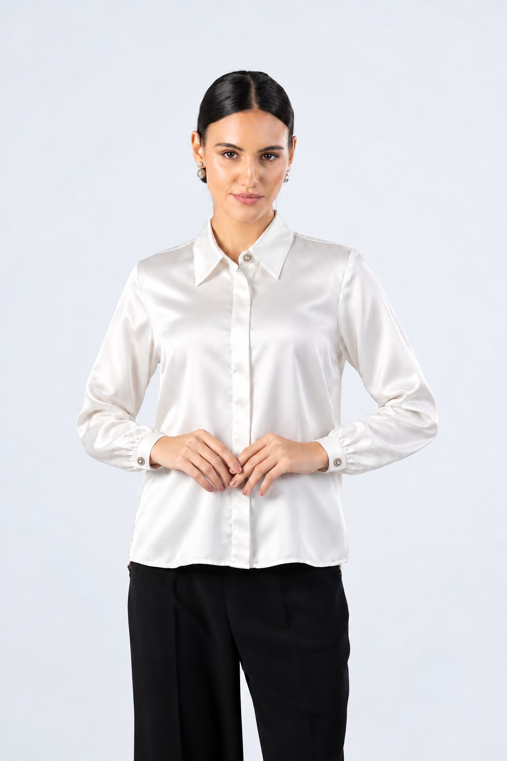 White Satin Crystal Buttons Shirt