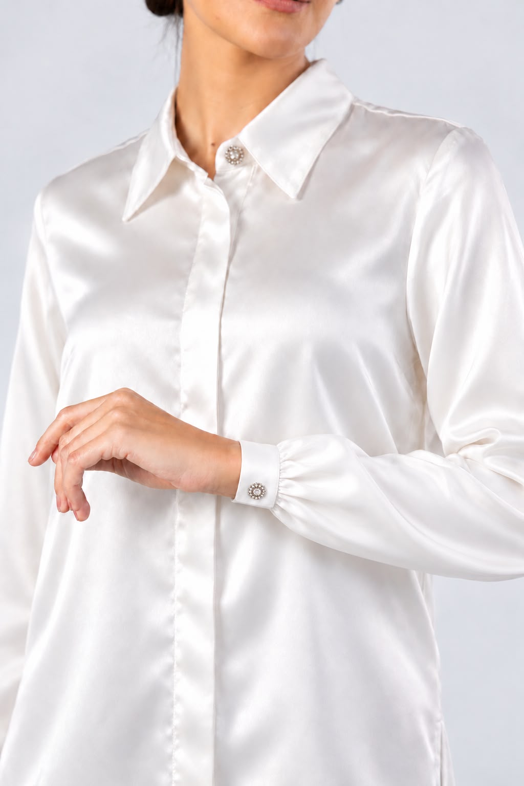 White Satin Crystal Buttons Shirt