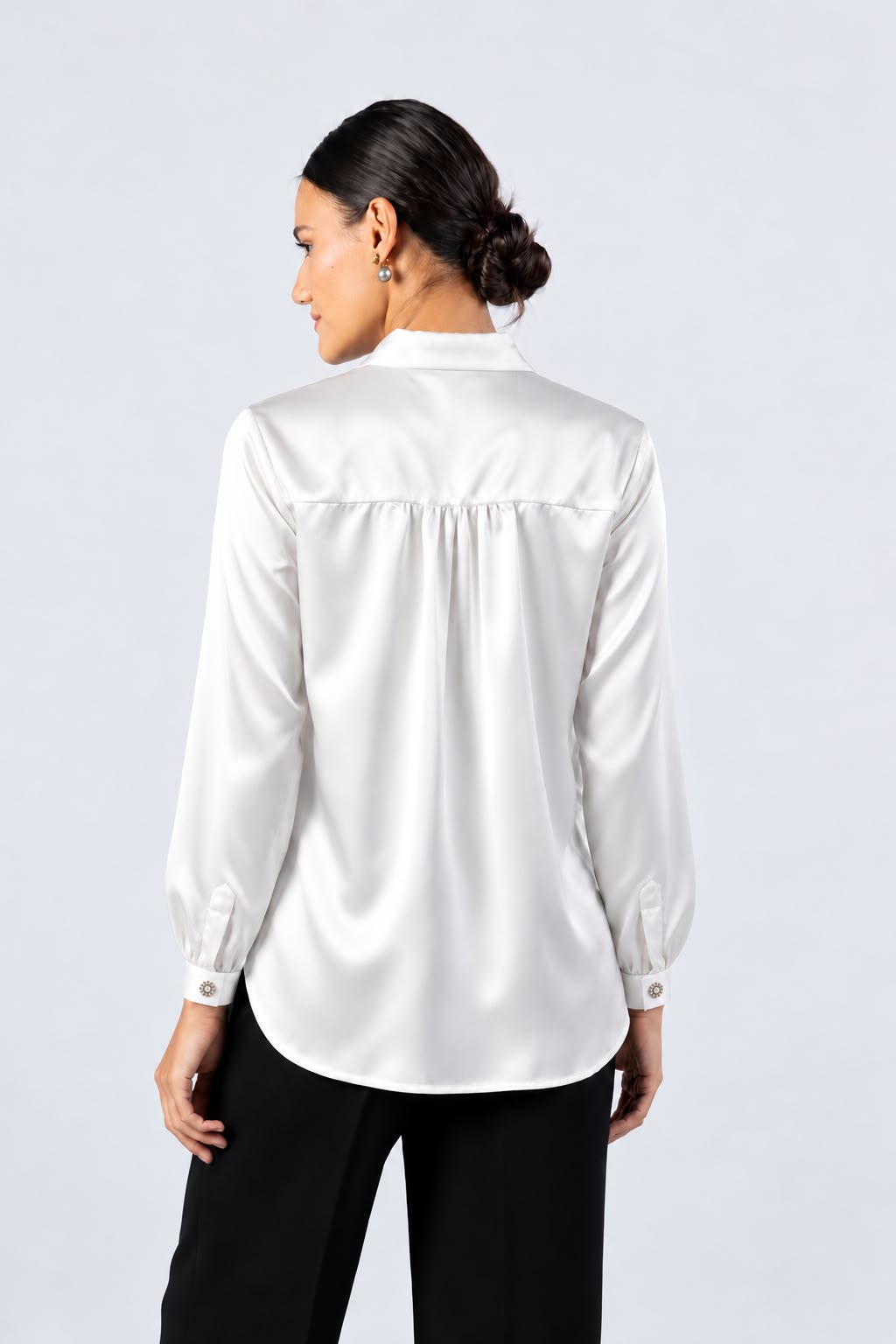 White Satin Crystal Buttons Shirt