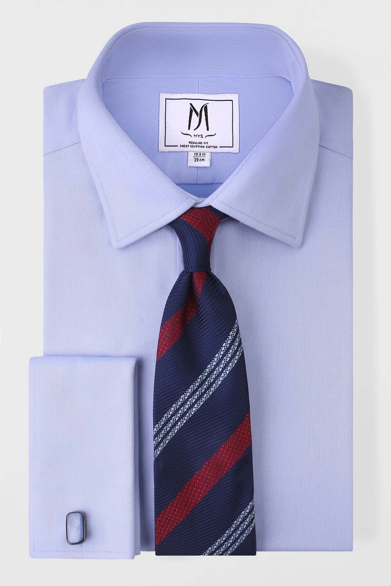 Light Blue Herringbone Double Cuff Non-Iron Shirt - Regular Fit