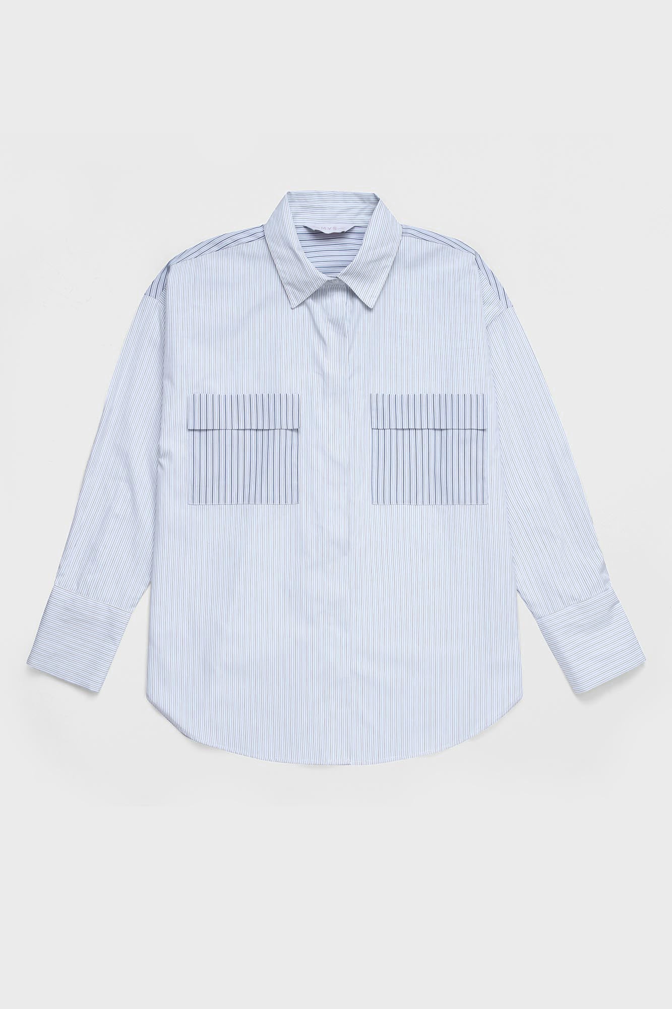 【WHITE】Patch work shirt Striped Patch-Work Shirt with Flap Pockets