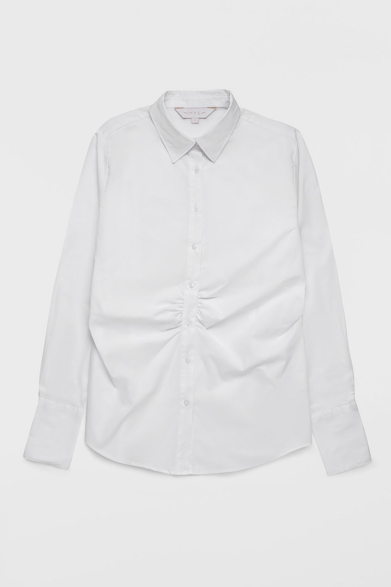 White Poplin Gathered Placket Stretch Shirt