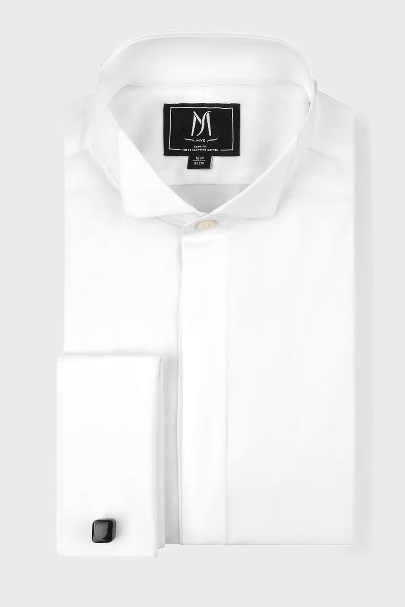 White Hidden Placket Tuxedo Shirt - Regular Fit