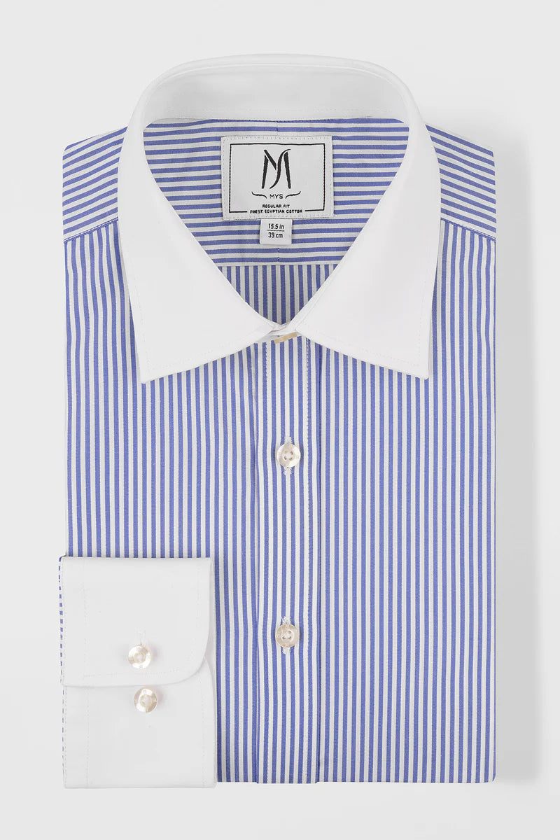 Blue Striped Poplin Contrast Shirt - Regular Fit