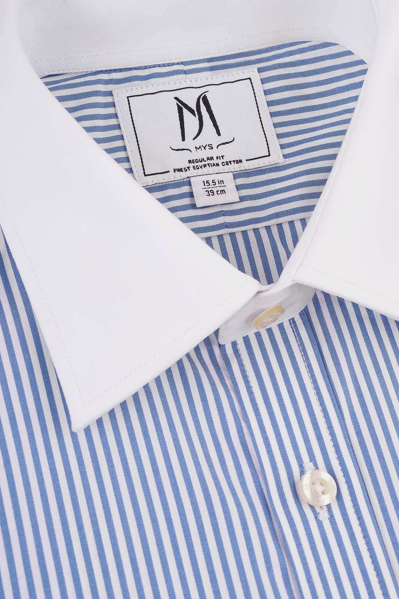 Blue Striped Poplin Contrast Shirt - Regular Fit