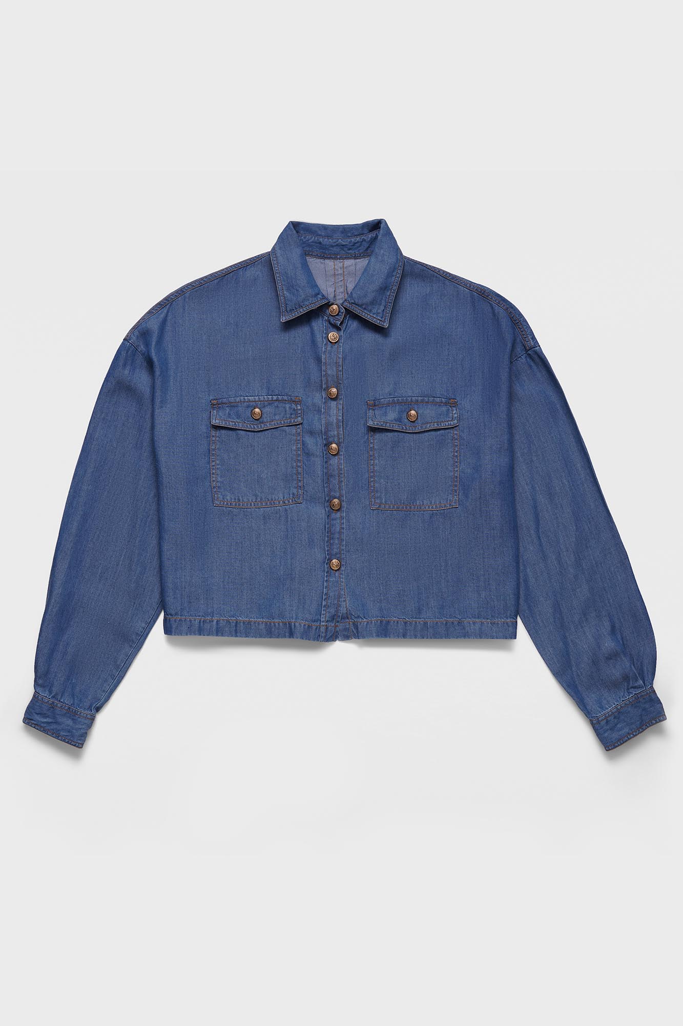 Medium Blue Denim Tencel Shirt with Flap Pockets