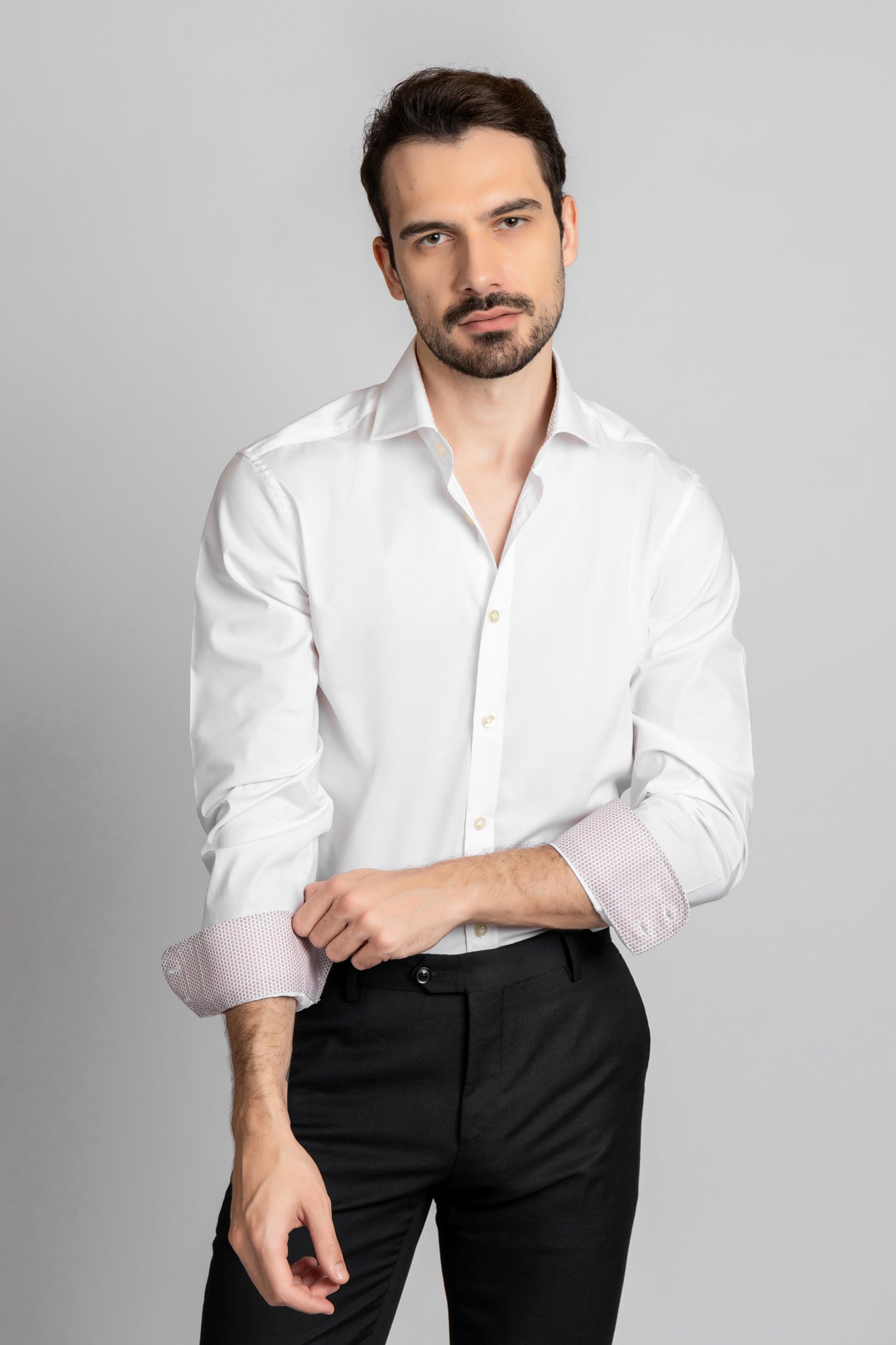 White Contrast Pink Stretch Shirt - Slim Fit