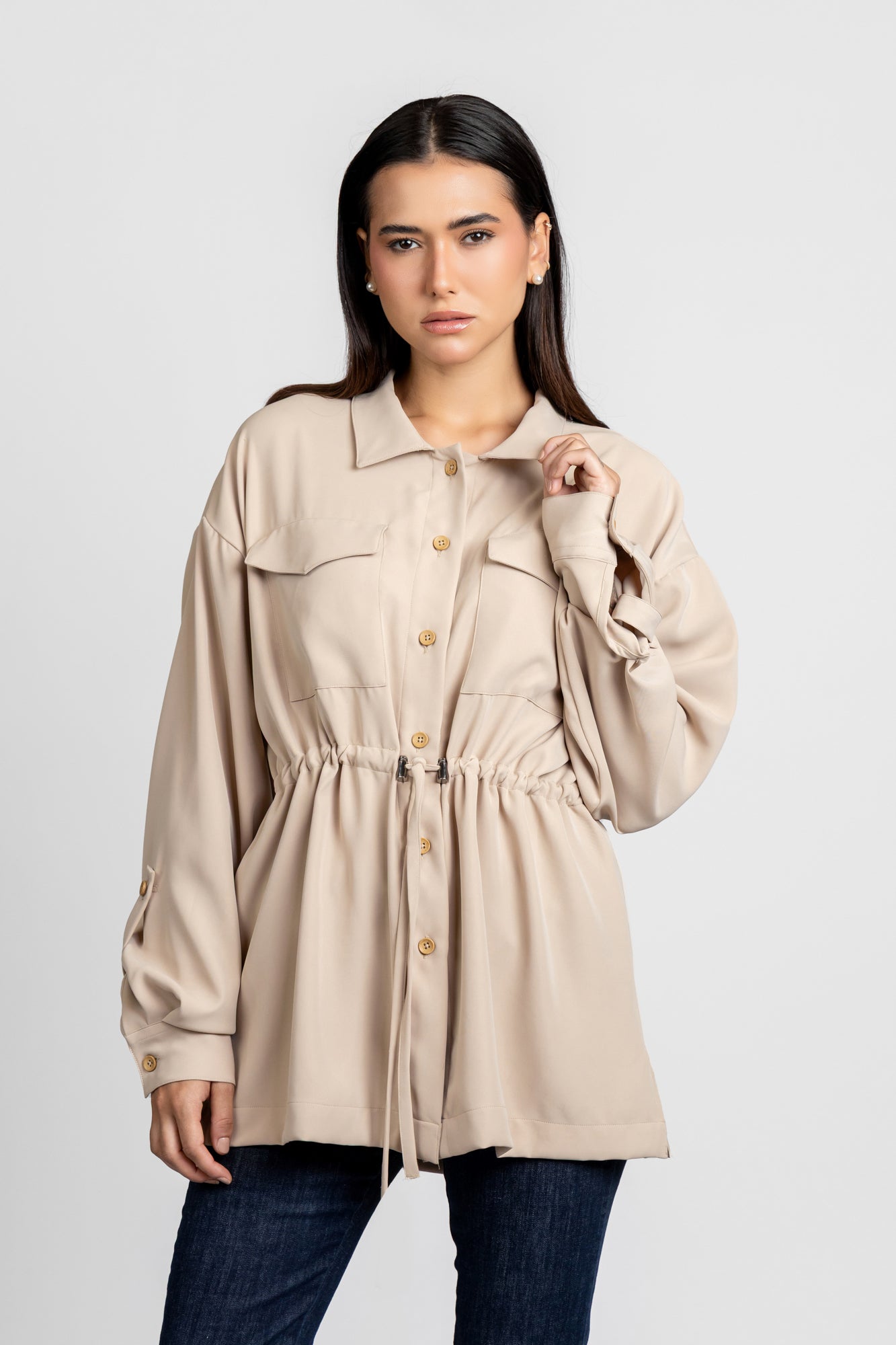 Beige Waist Tie Overshirt with Flap Pockets