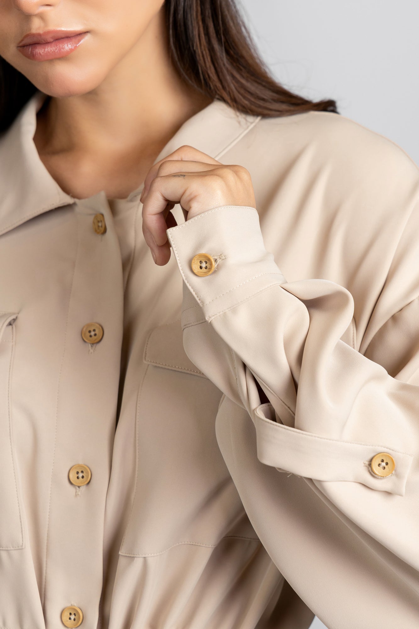 Beige Waist Tie Overshirt with Flap Pockets