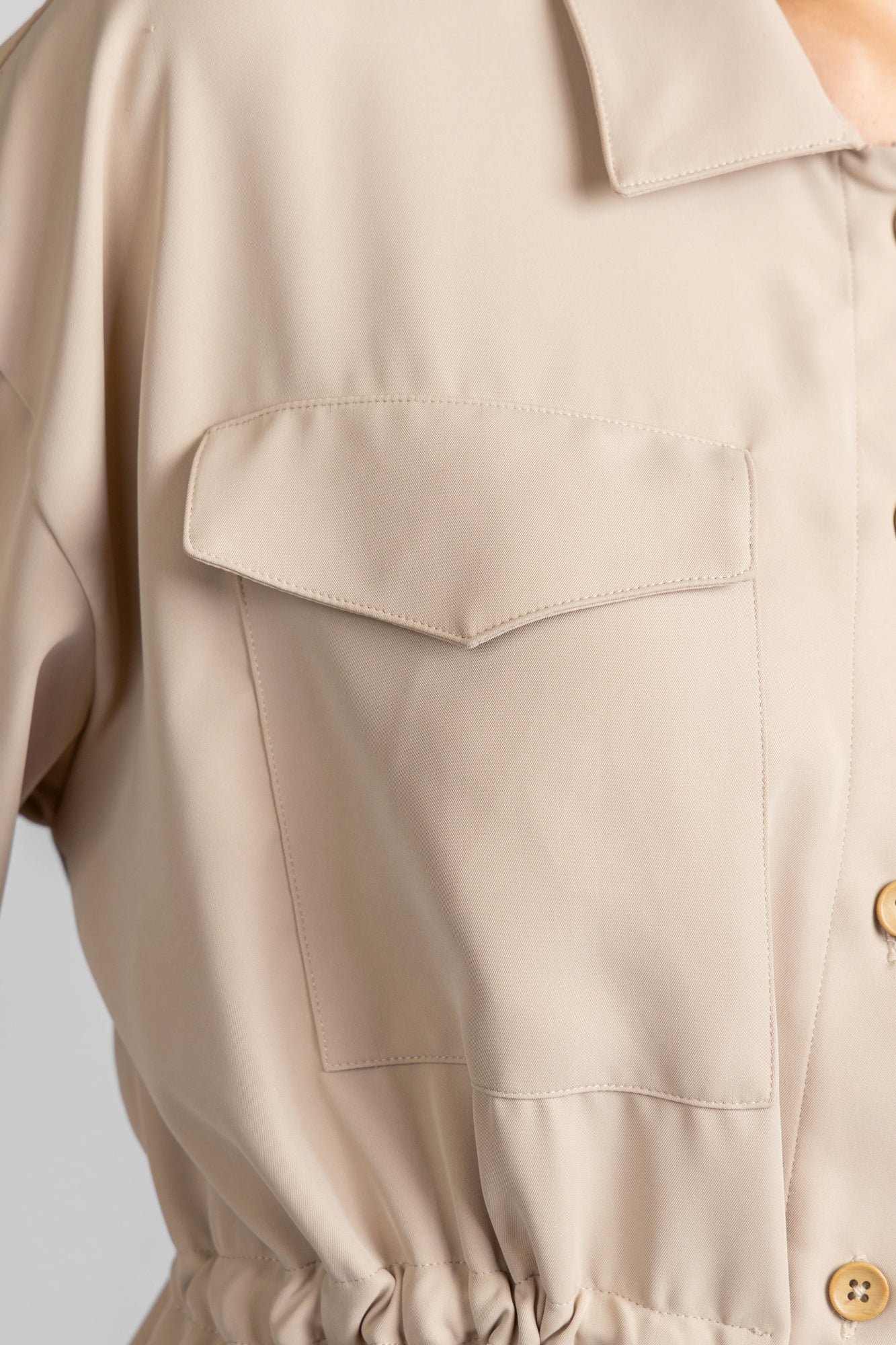 Beige Waist Tie Overshirt with Flap Pockets