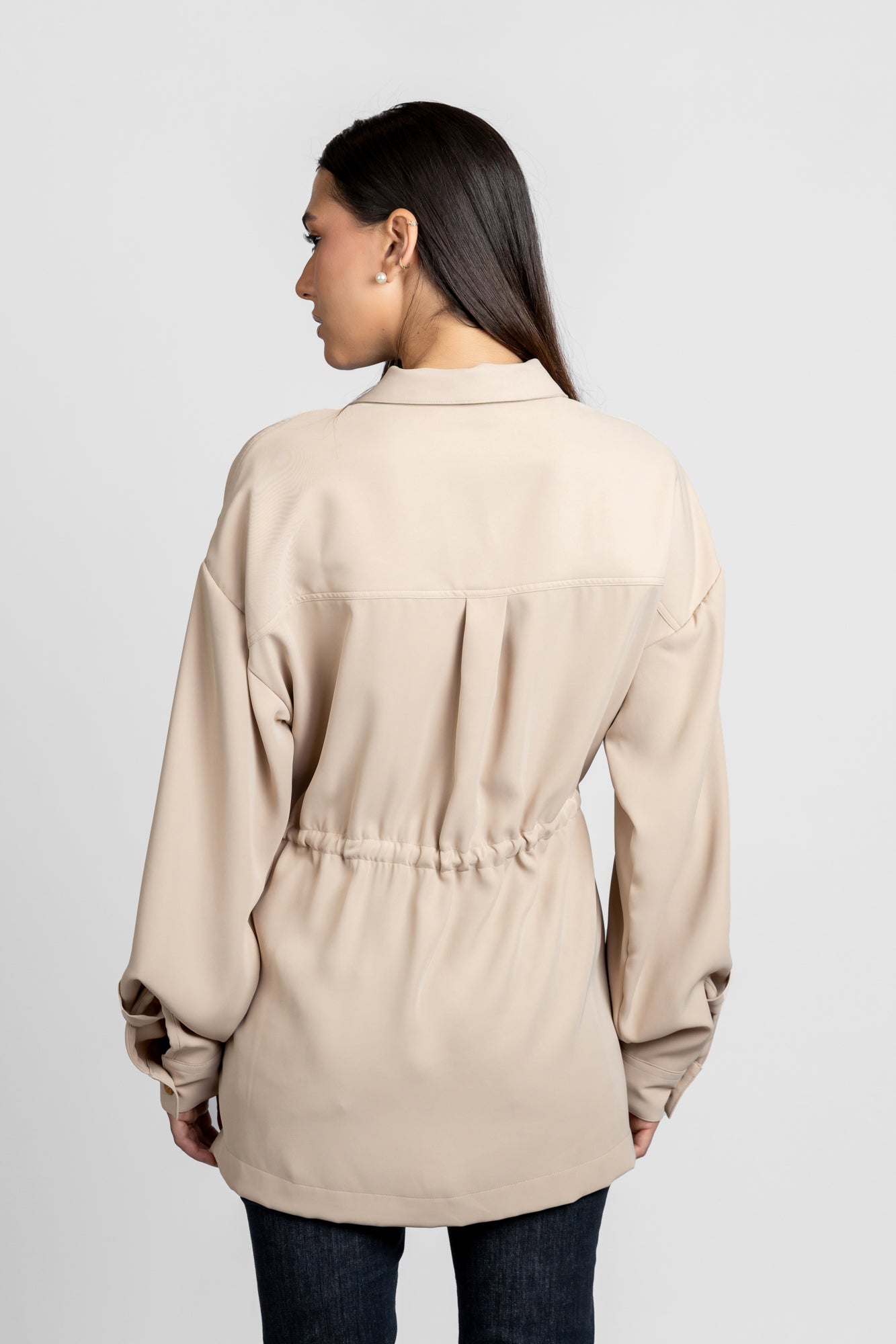 Beige Waist Tie Overshirt with Flap Pockets