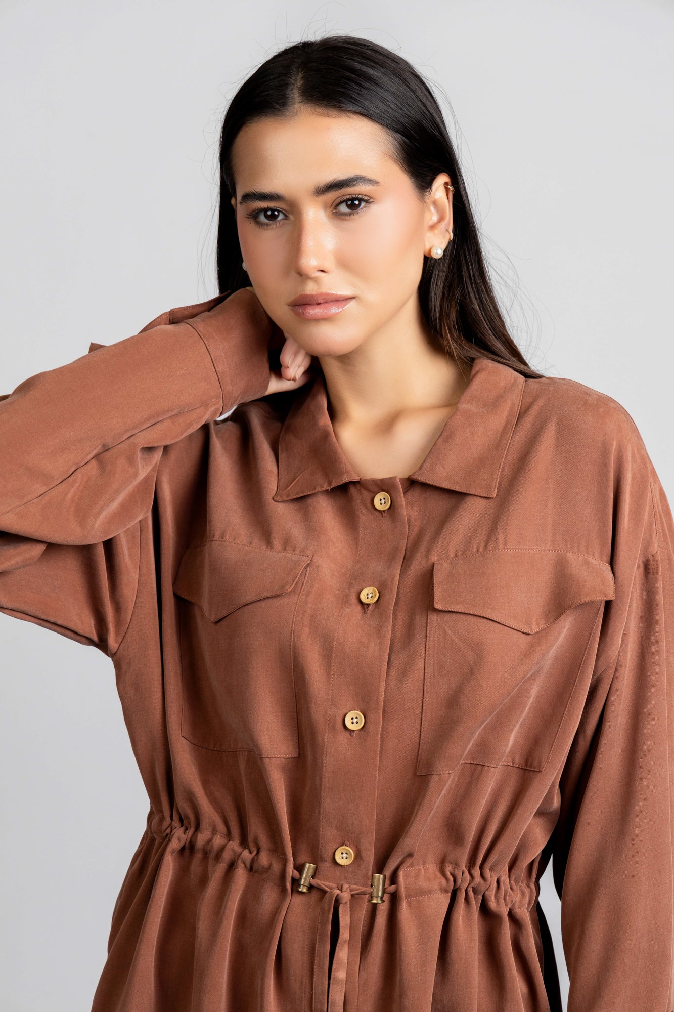 Wood Tencel Waist Tie Overshirt with Flap Pockets