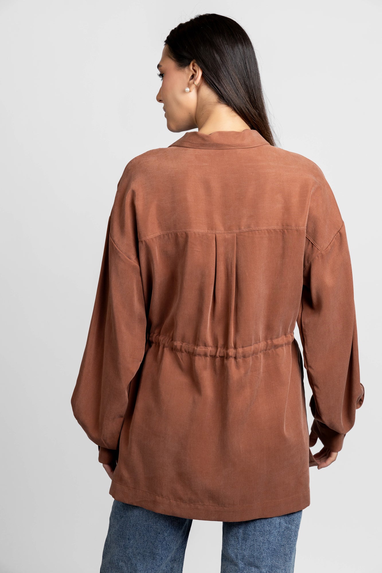 Wood Tencel Waist Tie Overshirt with Flap Pockets
