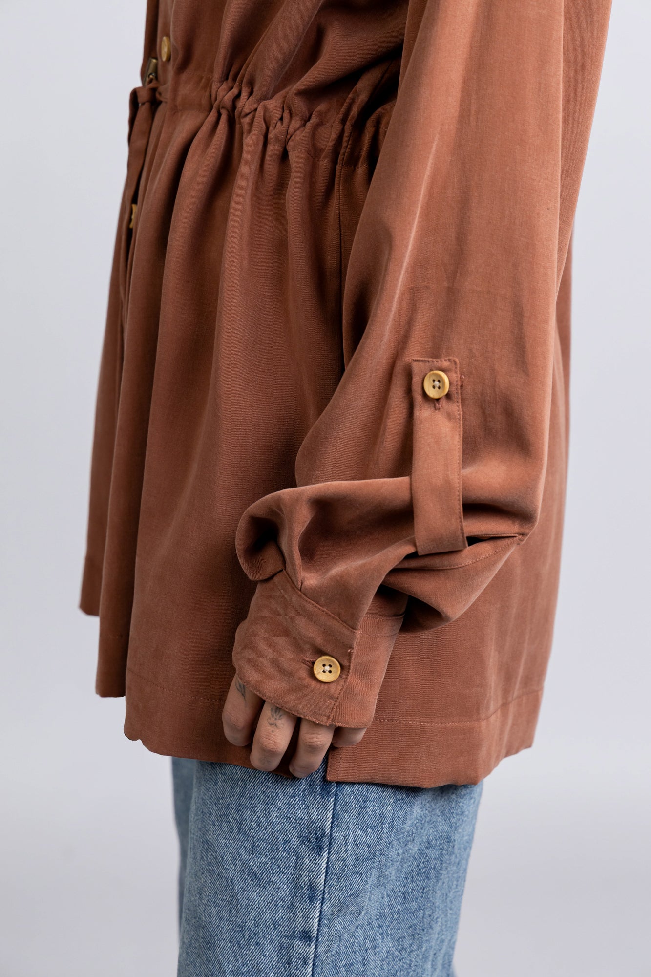 Wood Tencel Waist Tie Overshirt with Flap Pockets