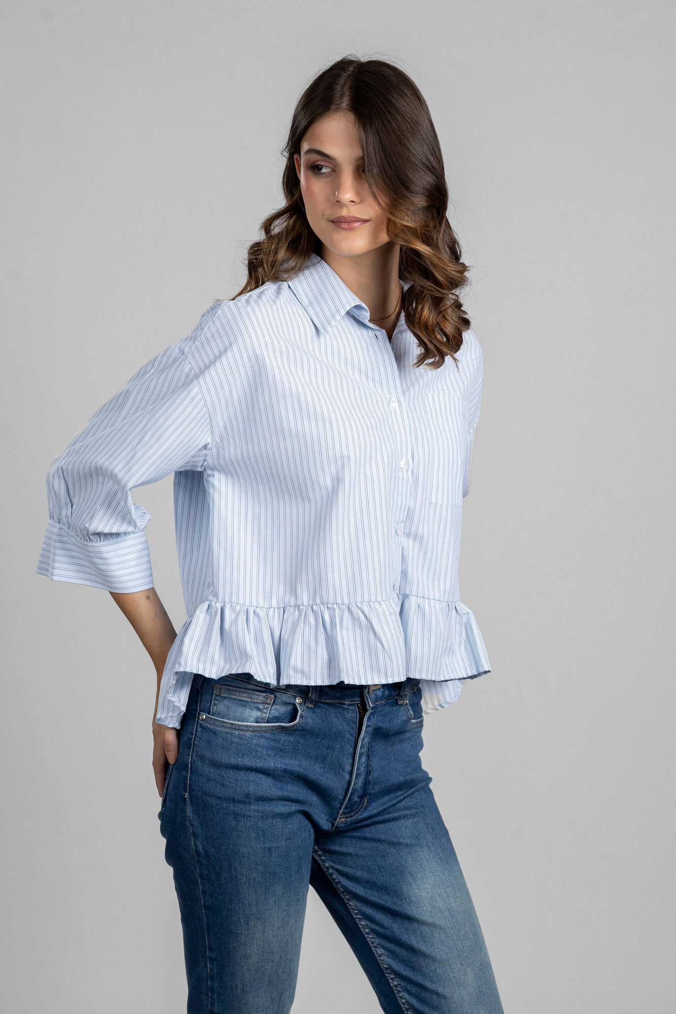 Light Blue Striped Ruffle Hem Shirt