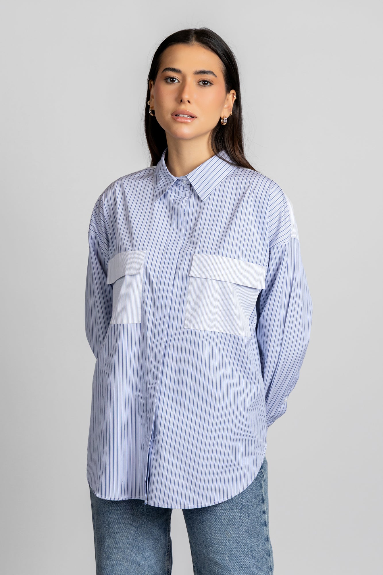 Blue Striped Patch-Work Shirt with Flap Pockets