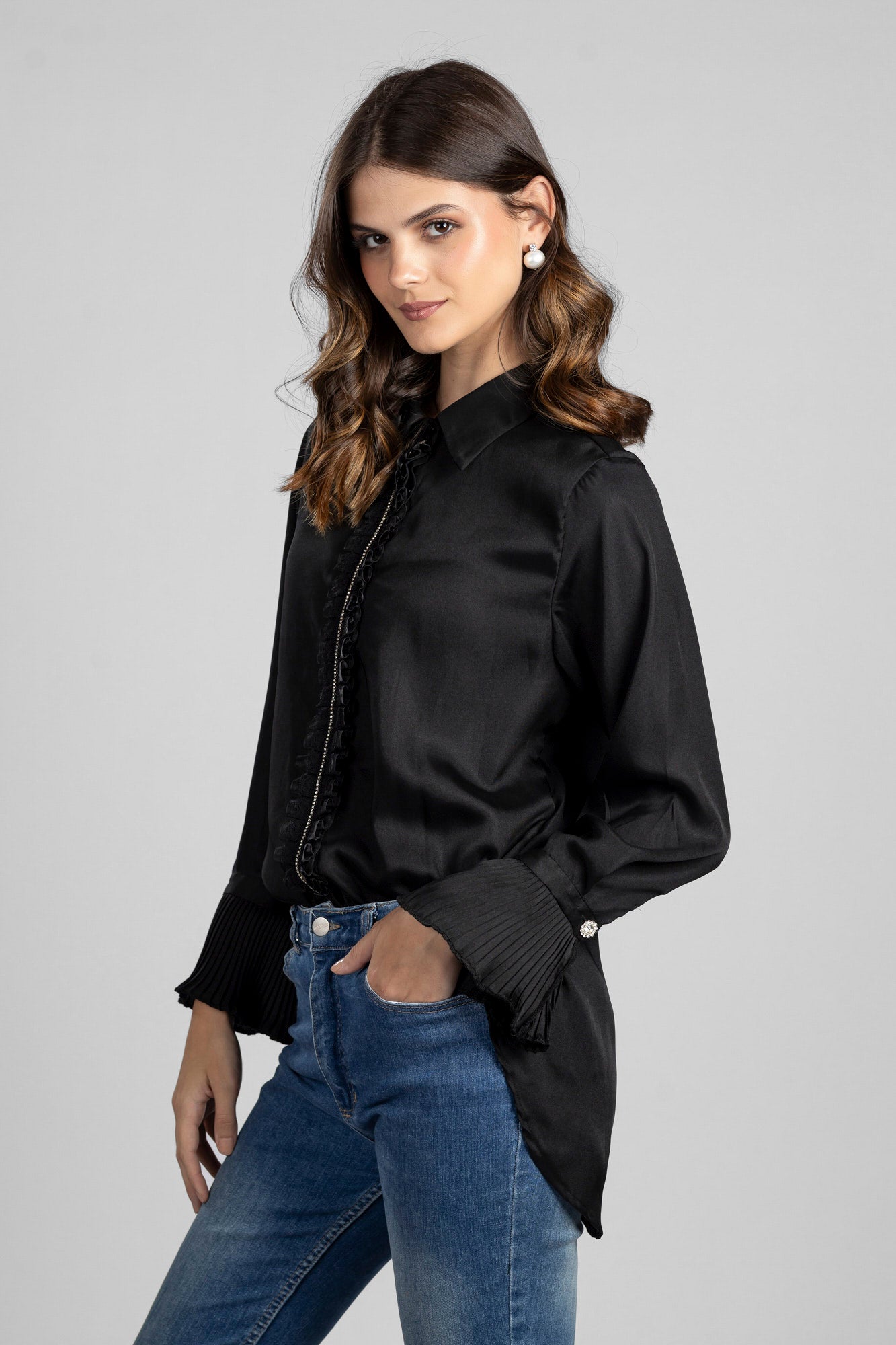 Black Satin Ruffle Shirt