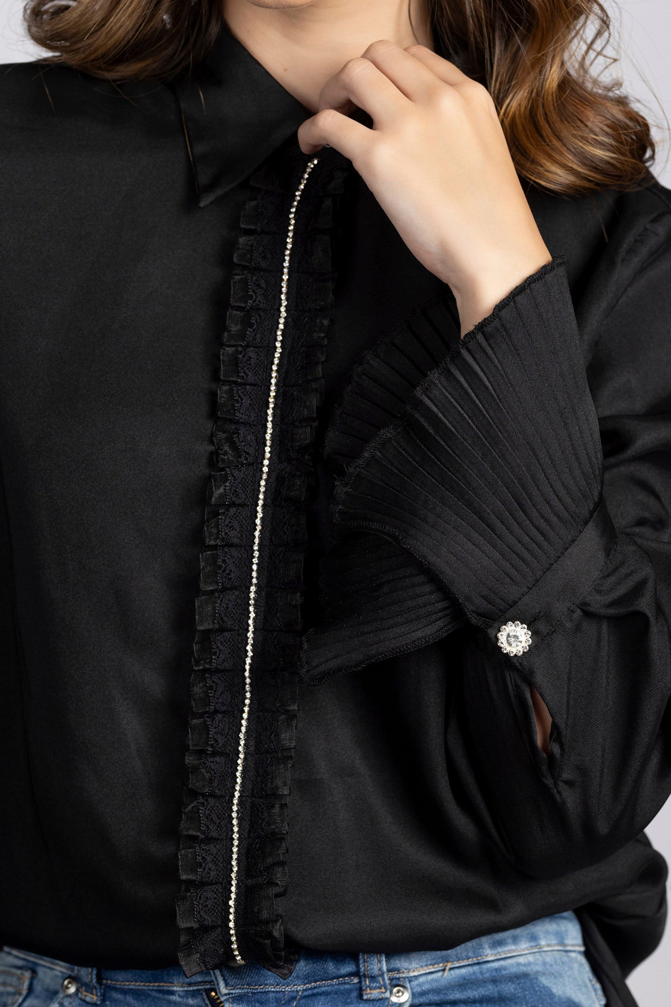 Black Satin Ruffle Shirt