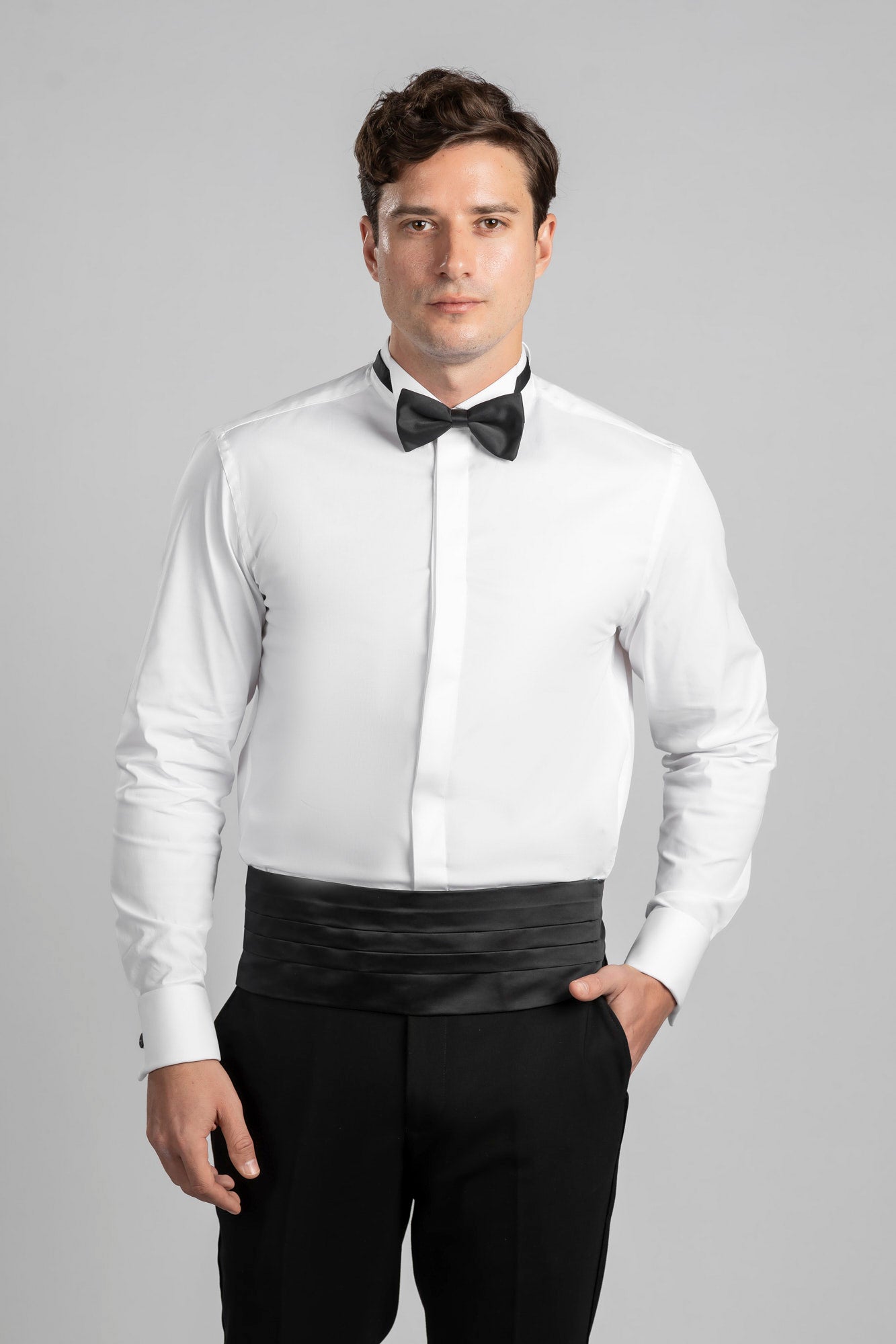 White Hidden Placket Tuxedo Shirt - Slim Fit