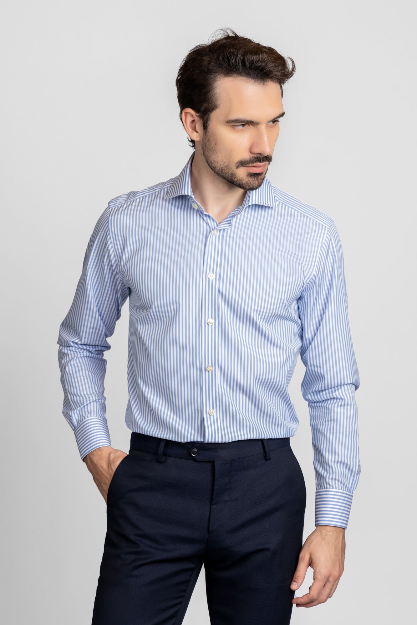 Sky Blue Striped Poplin Shirt - Regular Fit